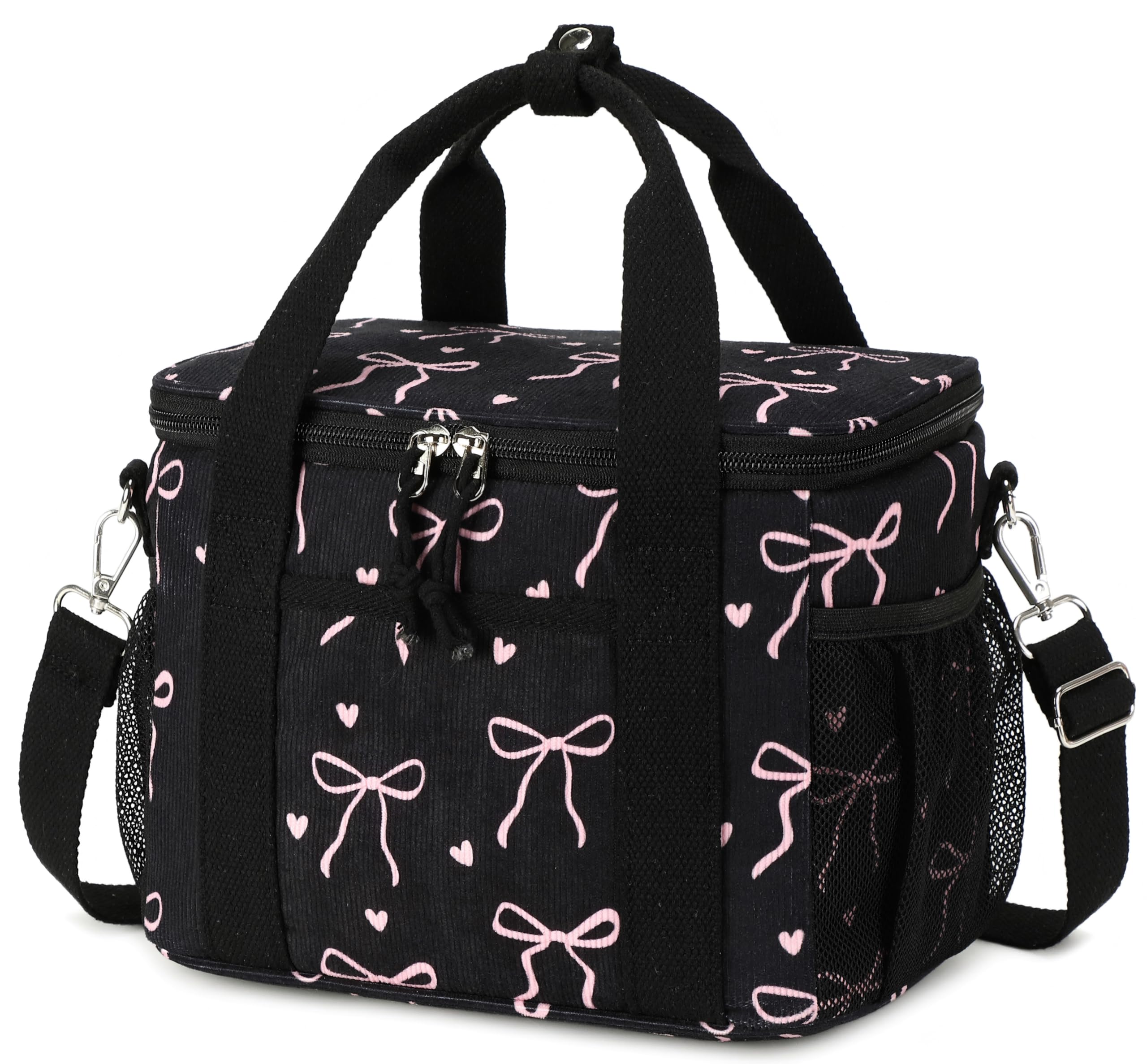 LOIDOU Lunch Box for Women Men Insulated Corduroy Lunch Bag Cooler Leakproof Reusable Adult Lunchbox Adjustable Strap lunch tote for Work Office Beach Picnic (Black Bow)