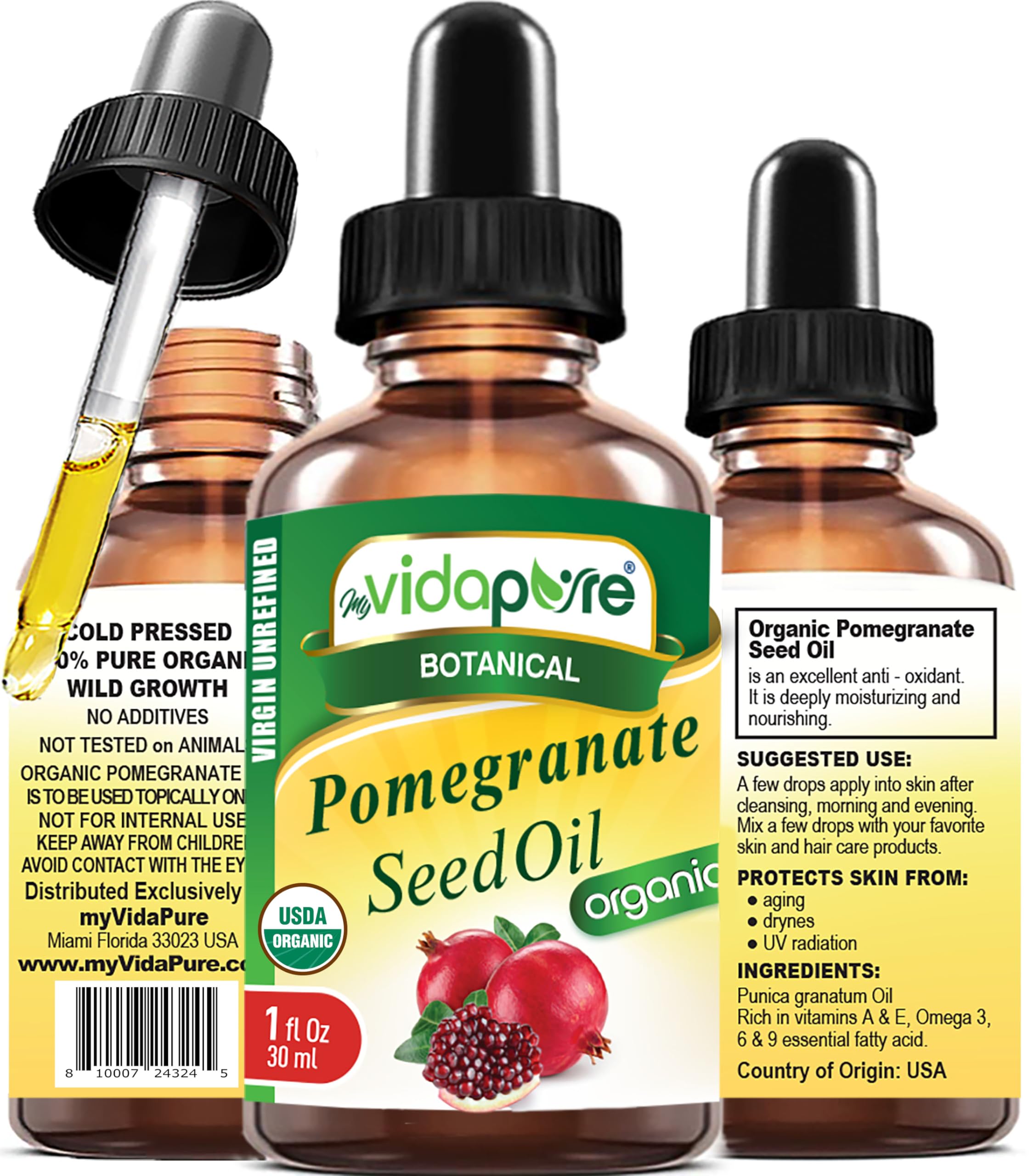 MYVIDAPURE ORGANIC POMEGRANATE SEED OIL Certified Organic 100% Natural. Refined, Raw, Undiluted for Skin, Face, Hair, Lip and Nail Care. (1 Fl Oz)