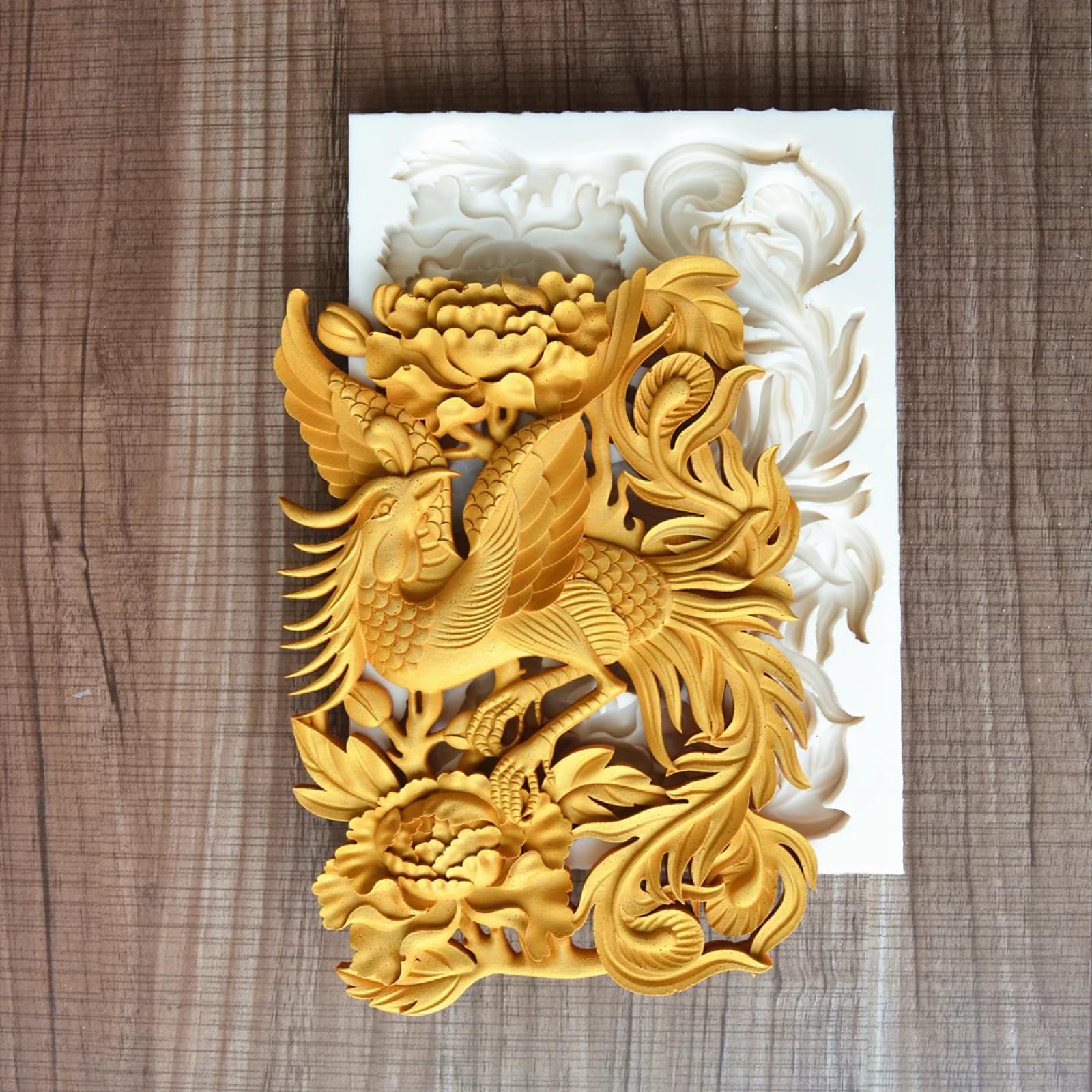 Molde de silicona para hacer fondant, 21 x 15 x 1,6 cm, molde de silicona para fondant, pasteles, chocolate, herramientas de decoración grande, estilo chino, fénix, peonía, alivio de peonías, moldes