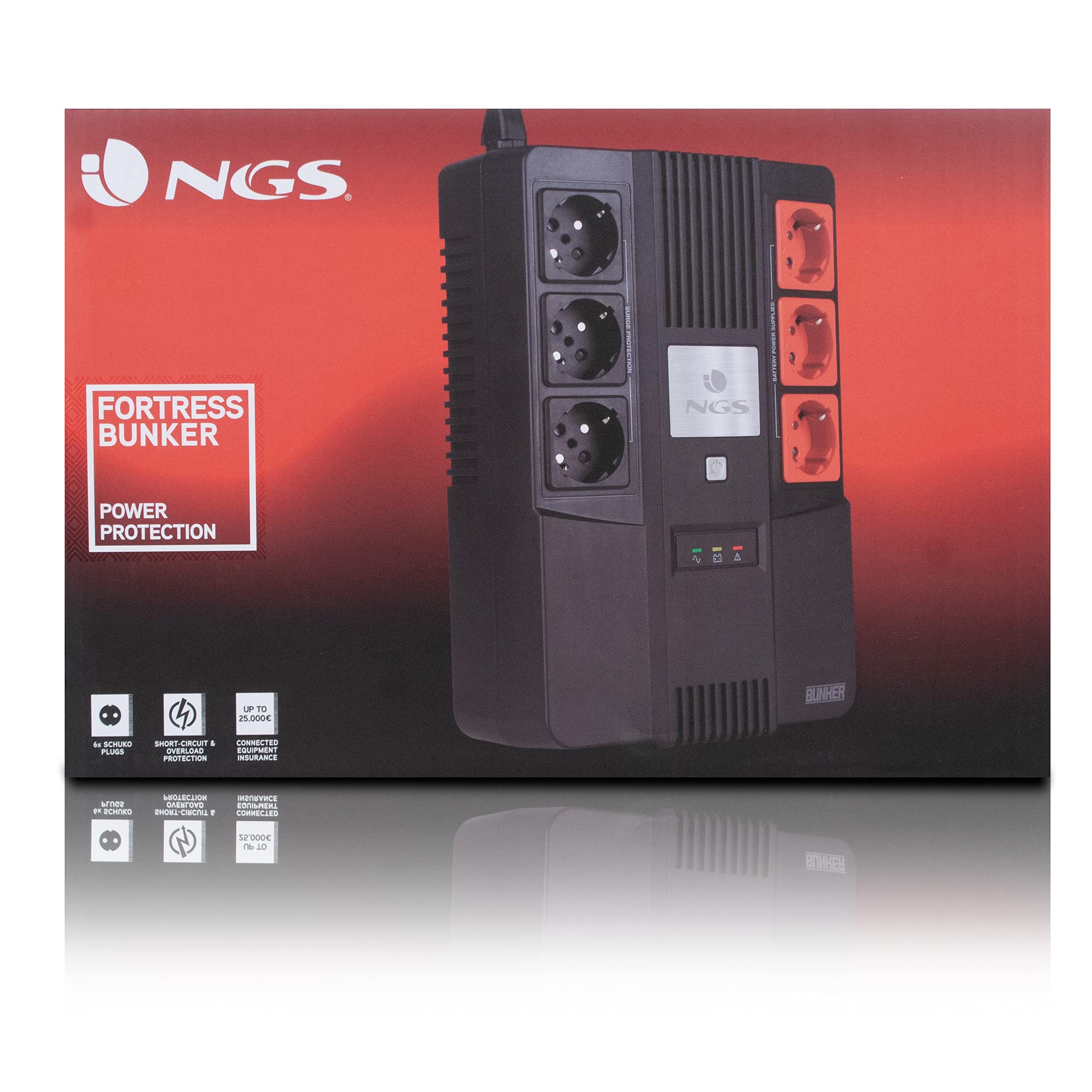 NGS FORTRESSBUNKER - Gruppo di Continuità SAI, Off Line UPS 600 VA 360W con Batteria Incorporata 12V/7Ah e 6 Prese Schuko con Protezione contro i Picchi di Tensione
