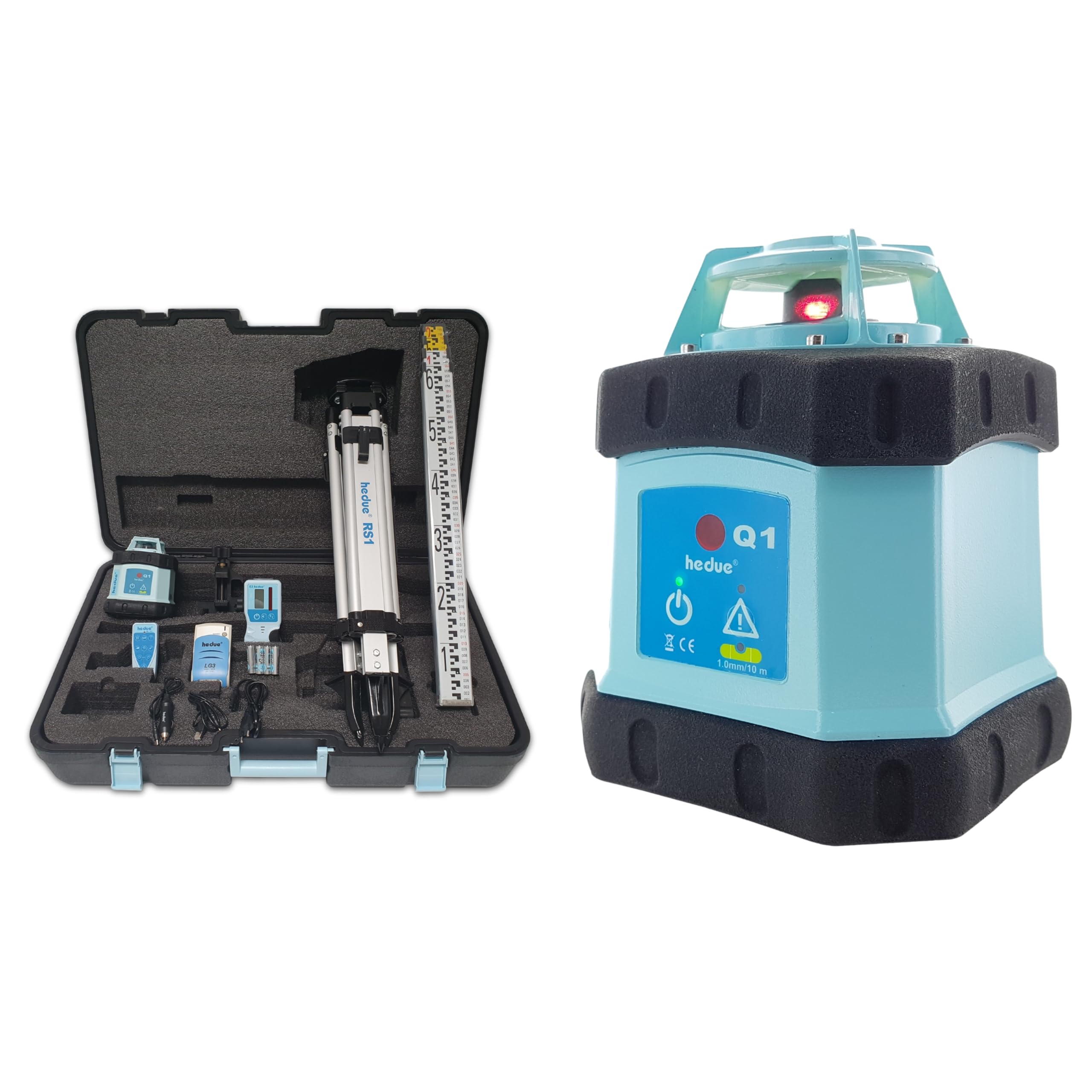 Rotationslaser Q1 - Baulaser Rotationslaser selbstnivellierend mit rotem Laserstrahl, im großen Koffer (inkl. Stativ, Fernbedienung, Laserempfänger, Nivellierlatte, Ladegerät)