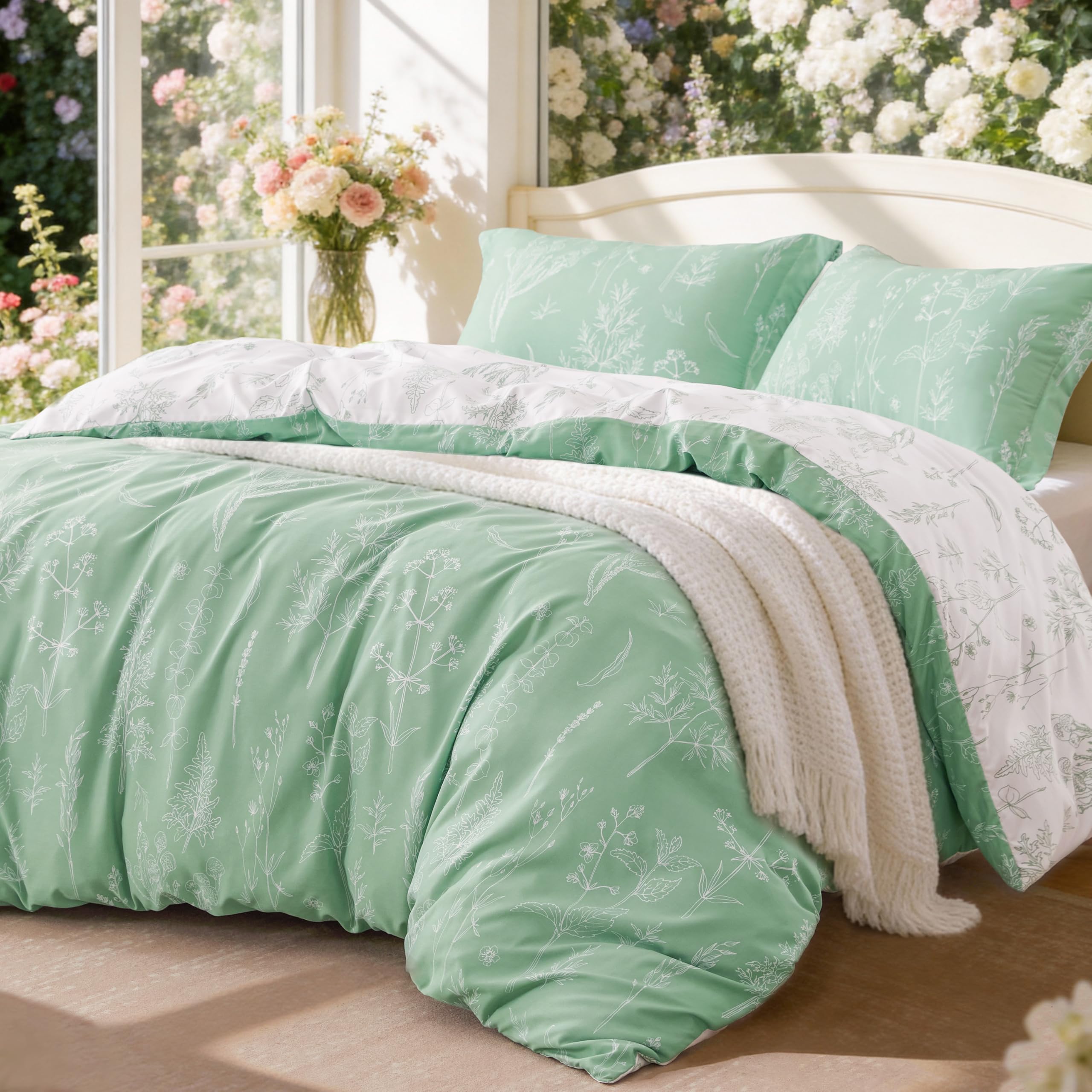 Edredón verde salvia matrimonial de diseño botánico reversible y tacto suave