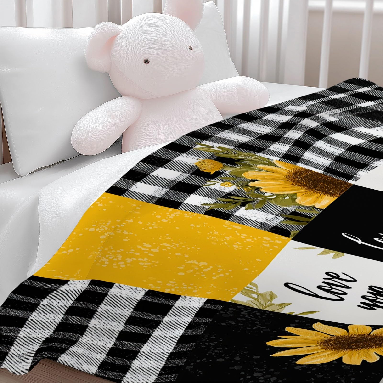 Polarowy koc flanelowy dla dzieci i dorosłych 200 x 200 cm, koce na kanapę z prostym nadrukiem czarno-białe kwadratowe promienie słońca Aoi - Miodowy żółty miękki ciepły ciepły lekki koc