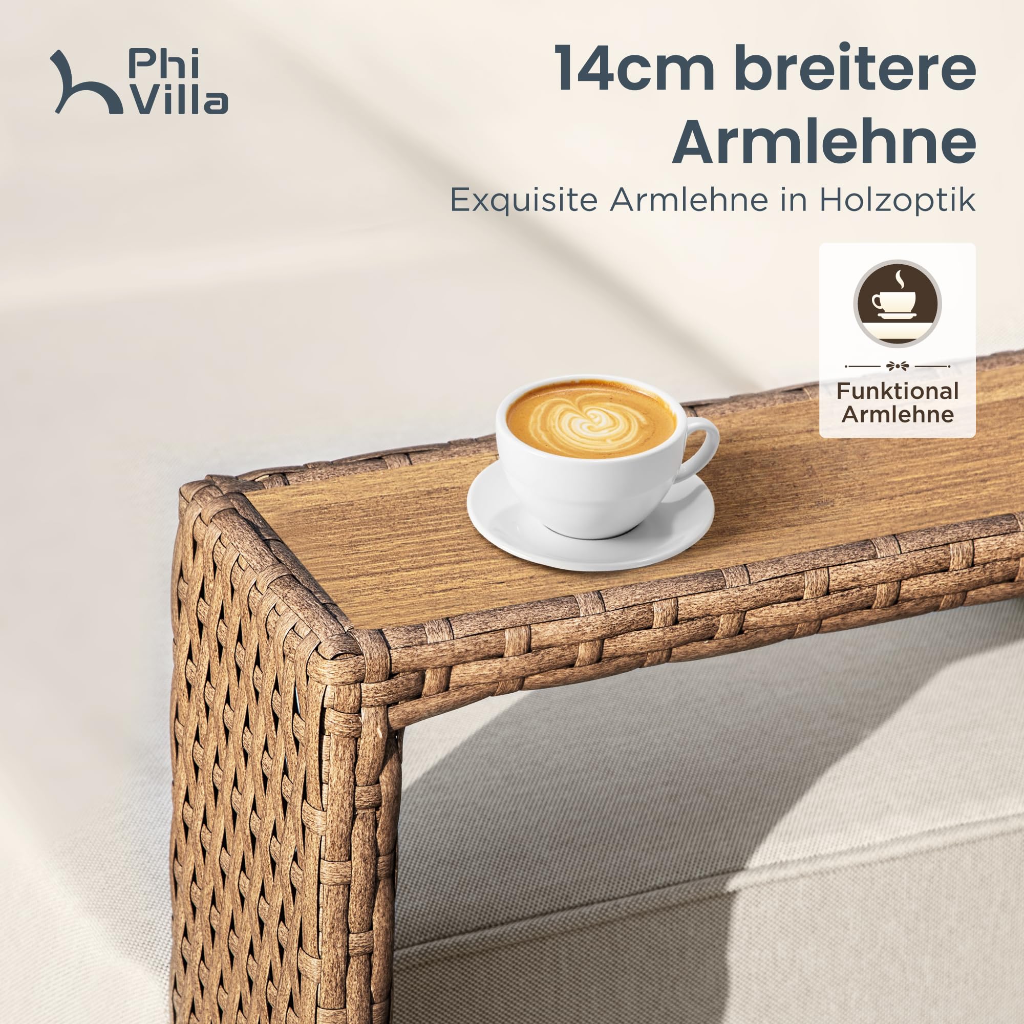 PHI VILLA Rattan Gartenmöbel Set Balkonmöbel für 4, Lounge Möbel Outdoor Sofa Sets für Garten und Terrasse, Allwetter Gartensofa Terassenmöbel Außen mit Dicken Weißen Kissen und Couchtisch