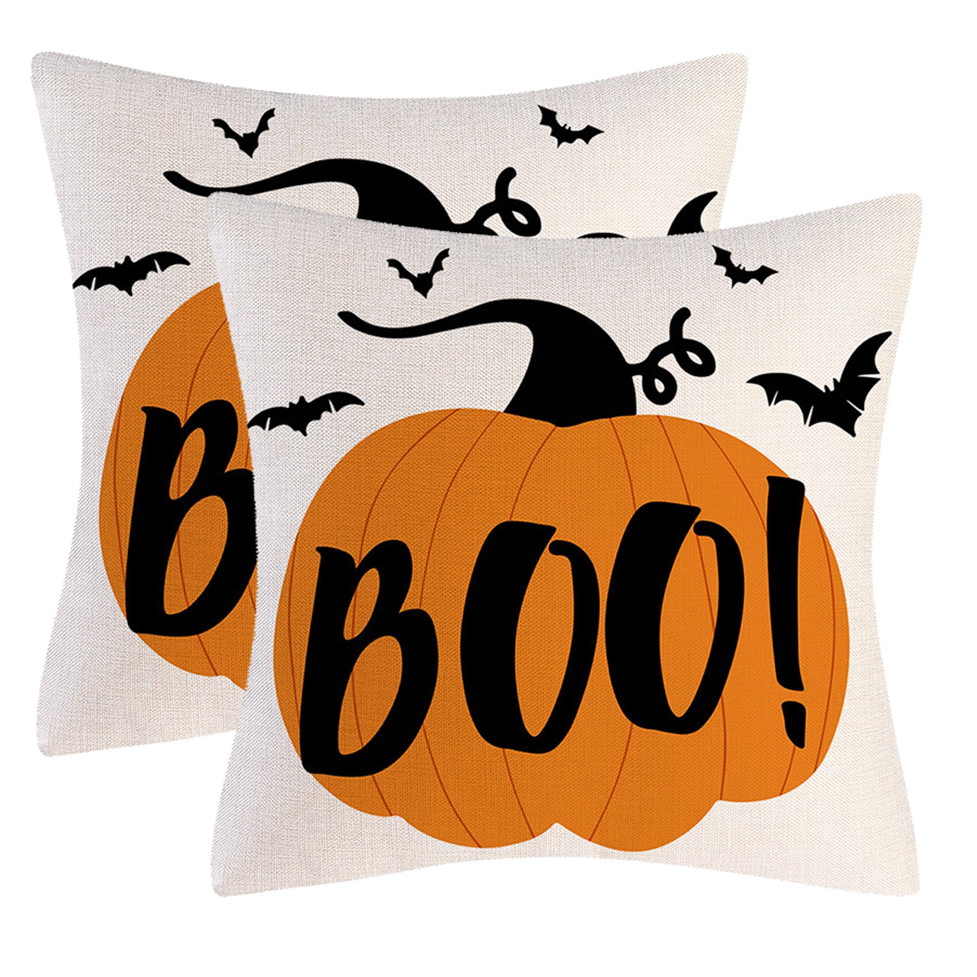 Aitukang Halloween Pillow Covers 18x18 Set of 2 Orange Pumpkin Bats Boo Decorative Throw Pillow Cover Linen Cushion Case for Sofa Couch Farmhouse Indoor Outdoor Halloween Decoration