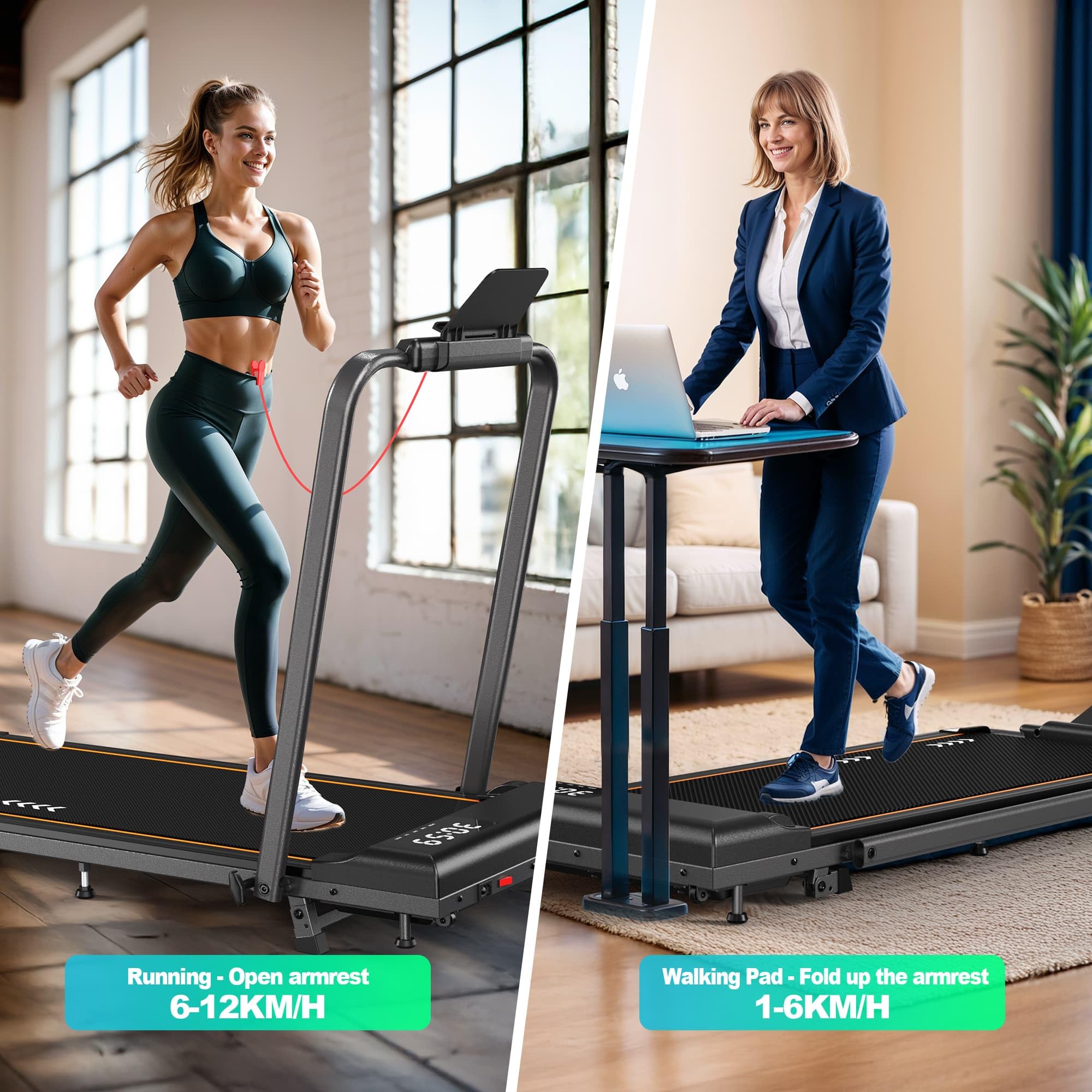Walking Pad bieżnia do domu, bieżnia o nachyleniu 7%, silnik 2,25 HP, prędkość 1-6 km/h lub 12 km/h, 7-warstwowa powierzchnia bieżna, bez montażu
