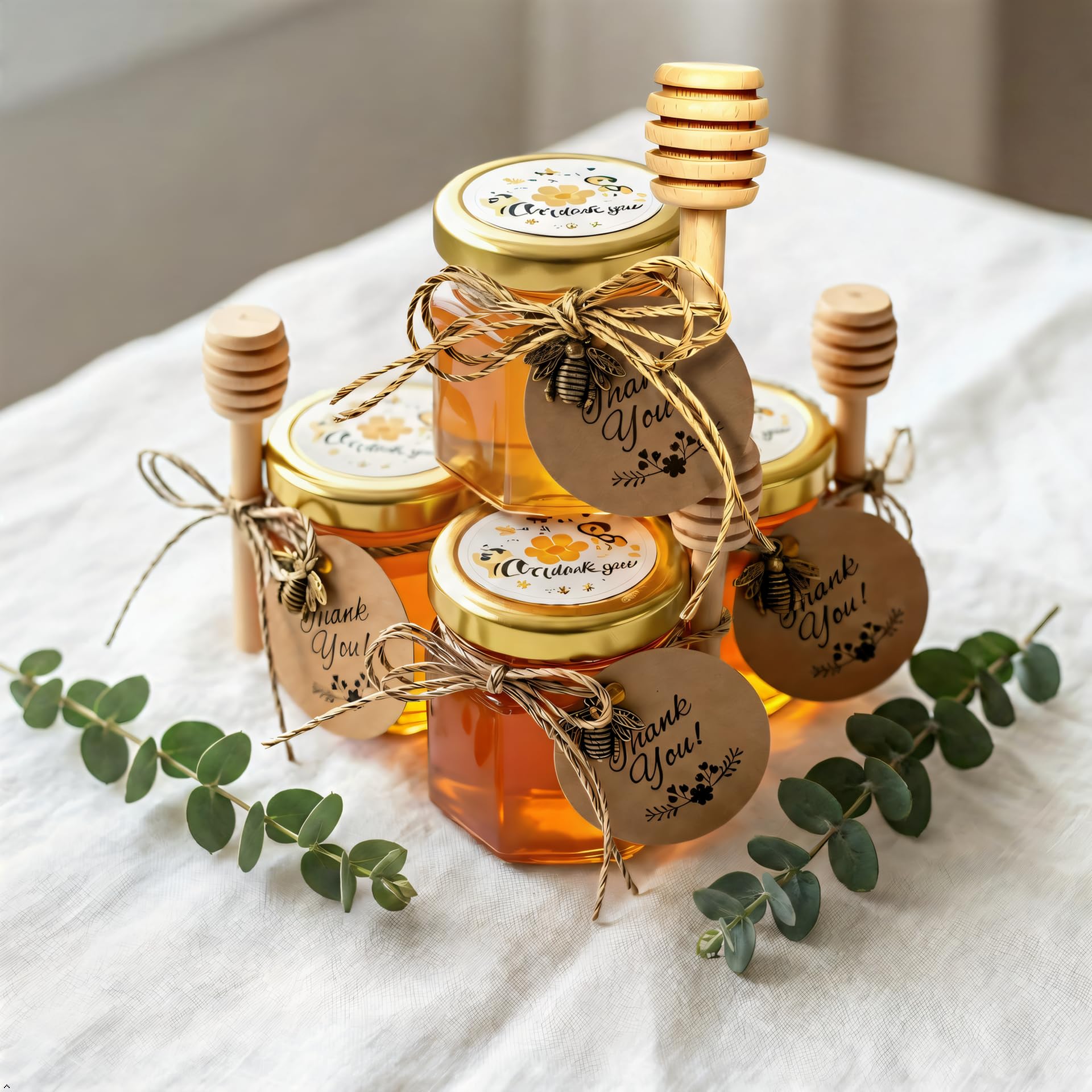 60 pack barattoli di miele di vetro, 1.5 oz vasi di miele esagonali, Con Dippers, ciondoli di api, sacchetti regalo, carta, jute e adesivi - ideali per bomboniere battesimo, matrimoni e feste