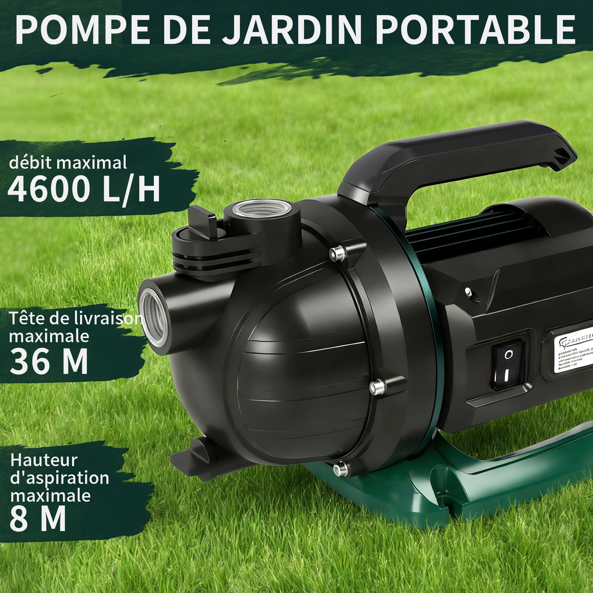 LANCHEZ Pompe de Jardin 4600 L/H, 600 W, Hauteur de Refoulement 36 m, Hauteur d'Aspiration 8 m, Poignée de Transport, Pompe à Eau pour Récupérateur d'Eau de Pluie, Citerne et Étang
