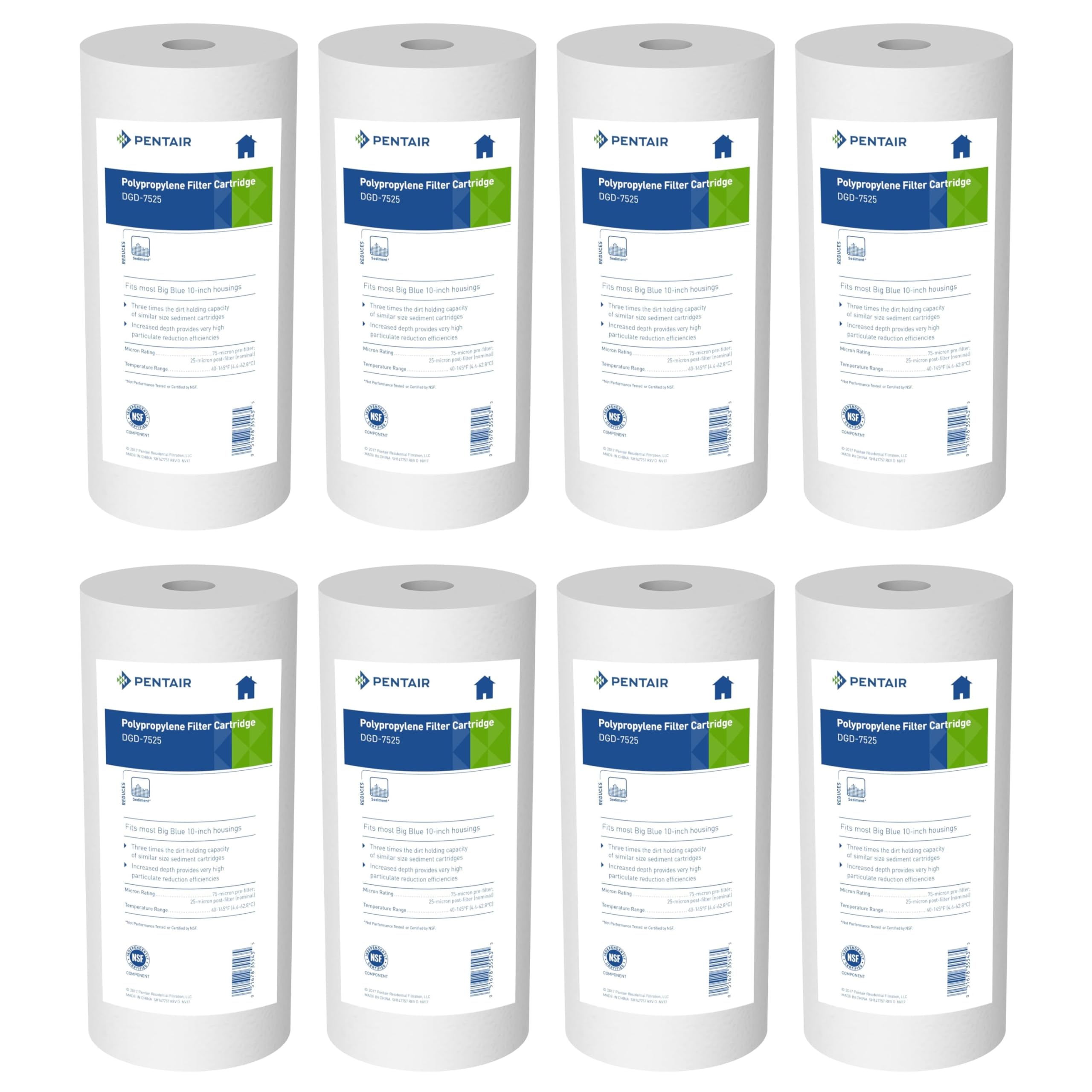 Pentair Pentek DGD-7525 Big Blue Water Filter, 10-Inch Whole House Sediment Filter Cartridge Replacement, Dual-Gradient Density Spun Polypropylene, 10" x 4.5", 25 Micron, Pack of 8