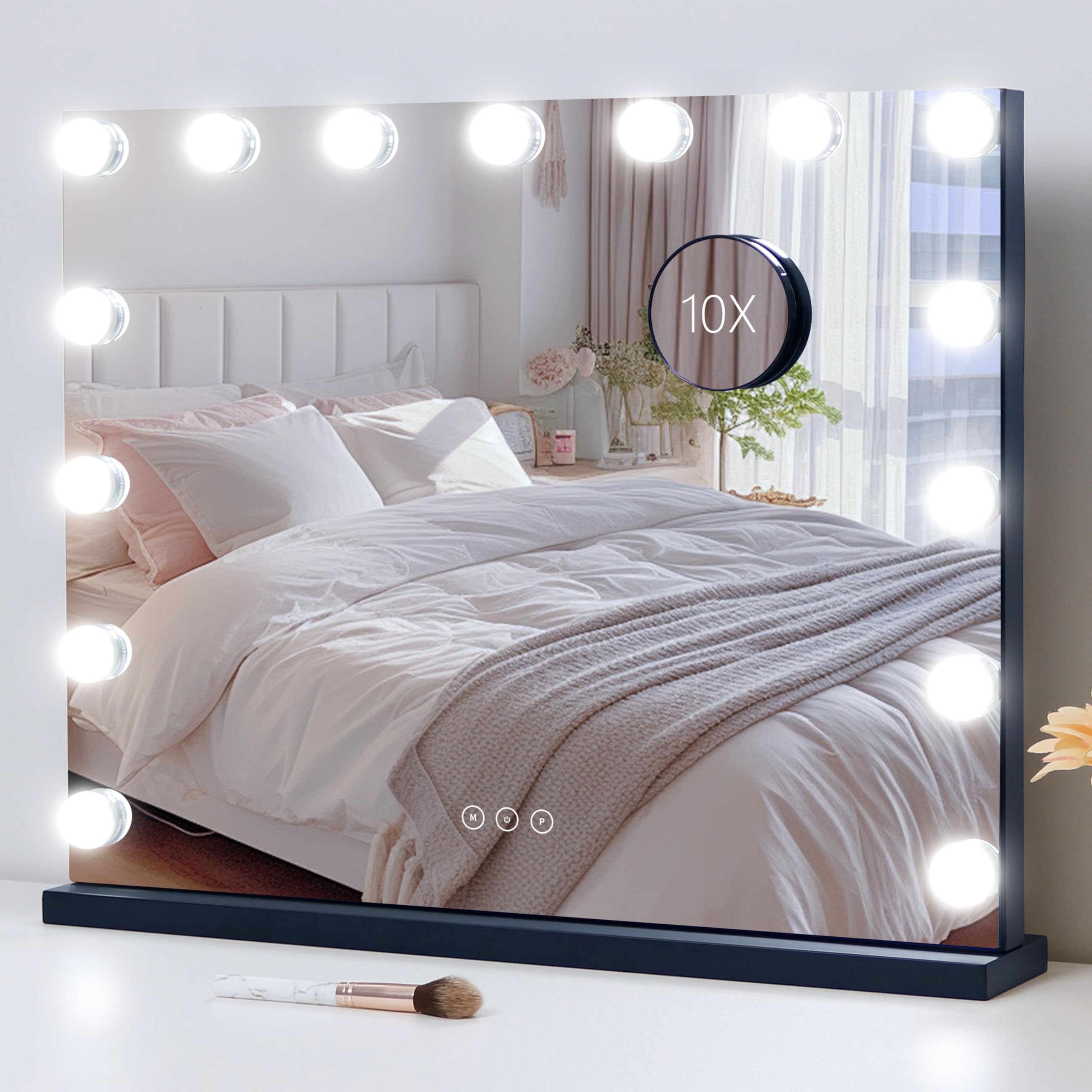 NUSVAN Vanity Mirror with Lights Lighted Makeup Mirror with 15 Dimmable LED Bulbs,3 Color Lighting Modes,USB Charging Port Touch Control,Sturdy Metal