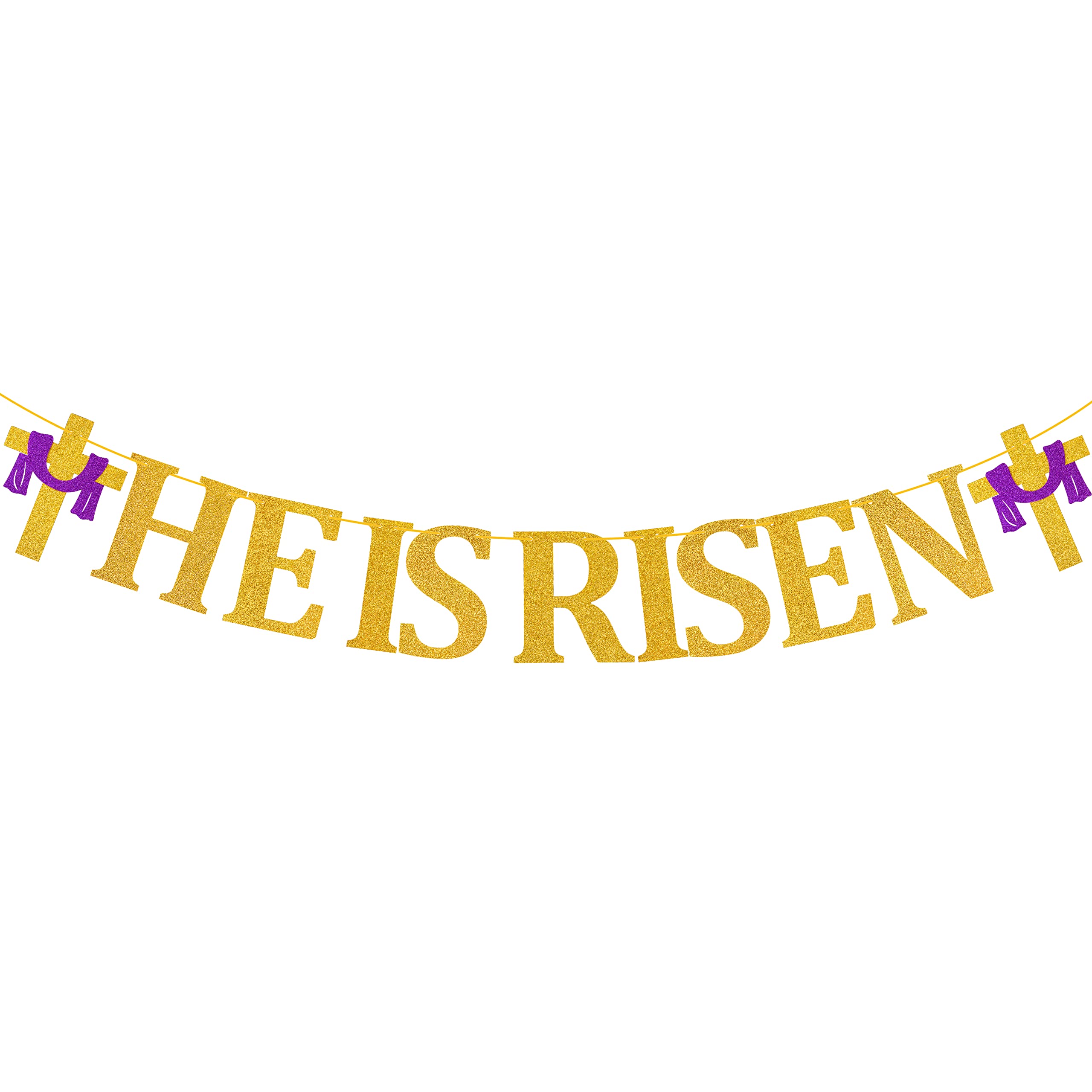 MALLMALL6 HE is Risen Banner Easter Party Decorations Religious Holiday Supplies Pre-Strung Glittery Sign Cross Patterns Ready to Hang Wall Art Jesus Faith Photo Props for Outdoor Church Fireplace