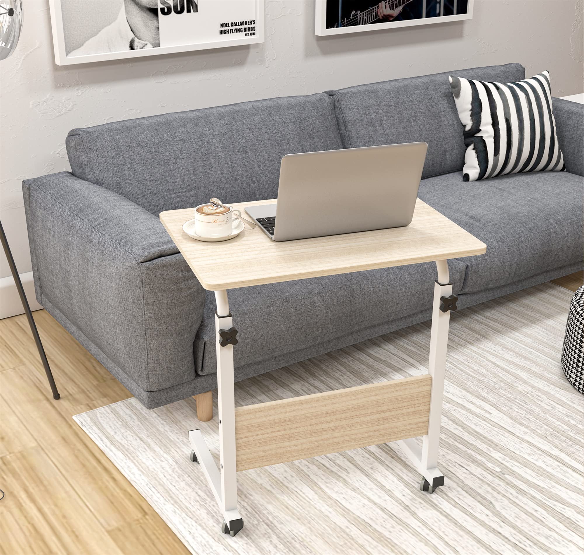sogesfurniture höhenverstellbar Laptoptisch Laptopständer Computertisch mit Rollen, mobiler Beistelltisch Pflegetisch für Bett und Sofa, 60 * 40 * 71-90cm, Weiß Ahorn 05#1-60MP-BH