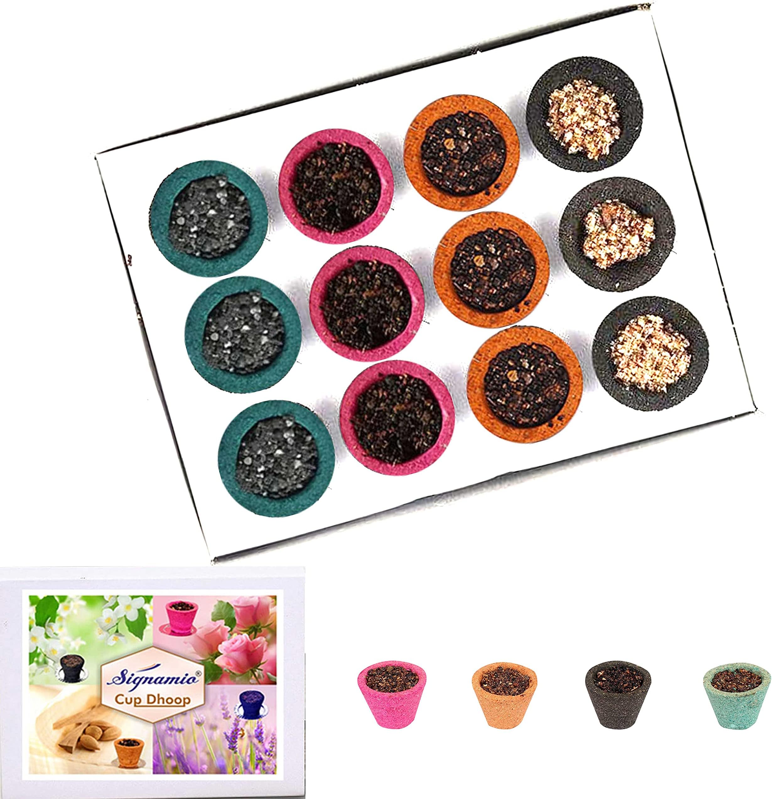 SIGNAMIO® Upgraded Mix Flavour Dhoop Cup with Burner Plate for Pooja Meditation, Festivals and Spiritual Events of Multi-Flavor - Guggal| Rose | Sandal(Chandan) | MOGRA Set of 1 (12 Pcs)