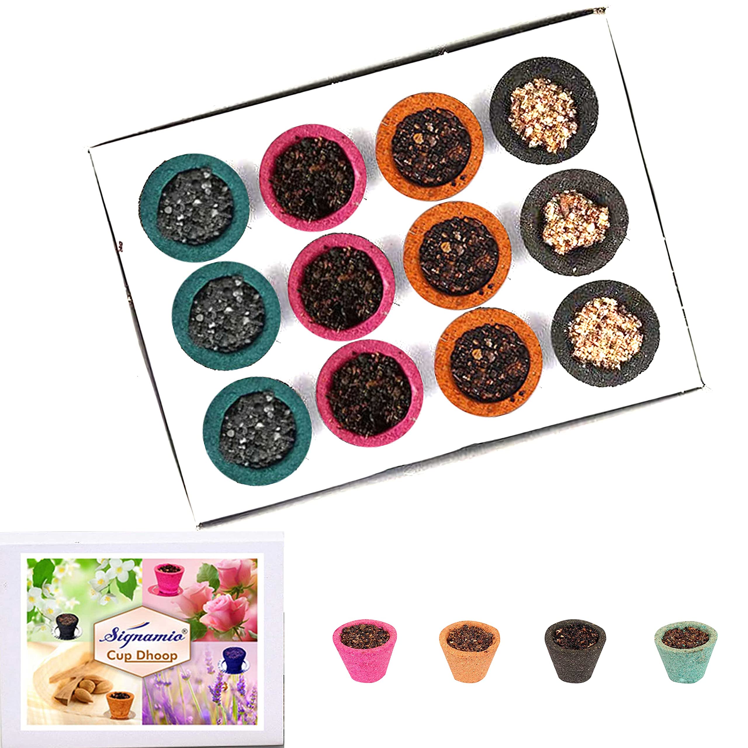 SIGNAMIO® Upgraded Mix Flavour Dhoop Cup with Burner Plate for Pooja Meditation, Festivals and Spiritual Events of Multi-Flavor - Guggal| Rose | Sandal(Chandan) | MOGRA Set of 1 (12 Pcs)