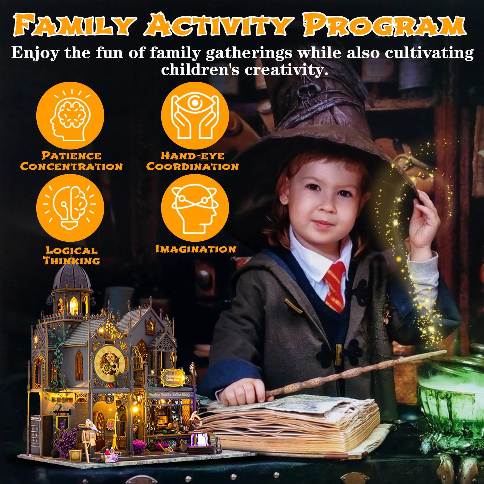 HIGSPE Miniatuur huis DIY kit, 3D-puzzel met meubels en LED-licht van hout, miniatuur Magic Castle Kit voor volwassenen om te bouwen, voor jongens en meisjes, cadeau voor verjaardag Kerstmis
