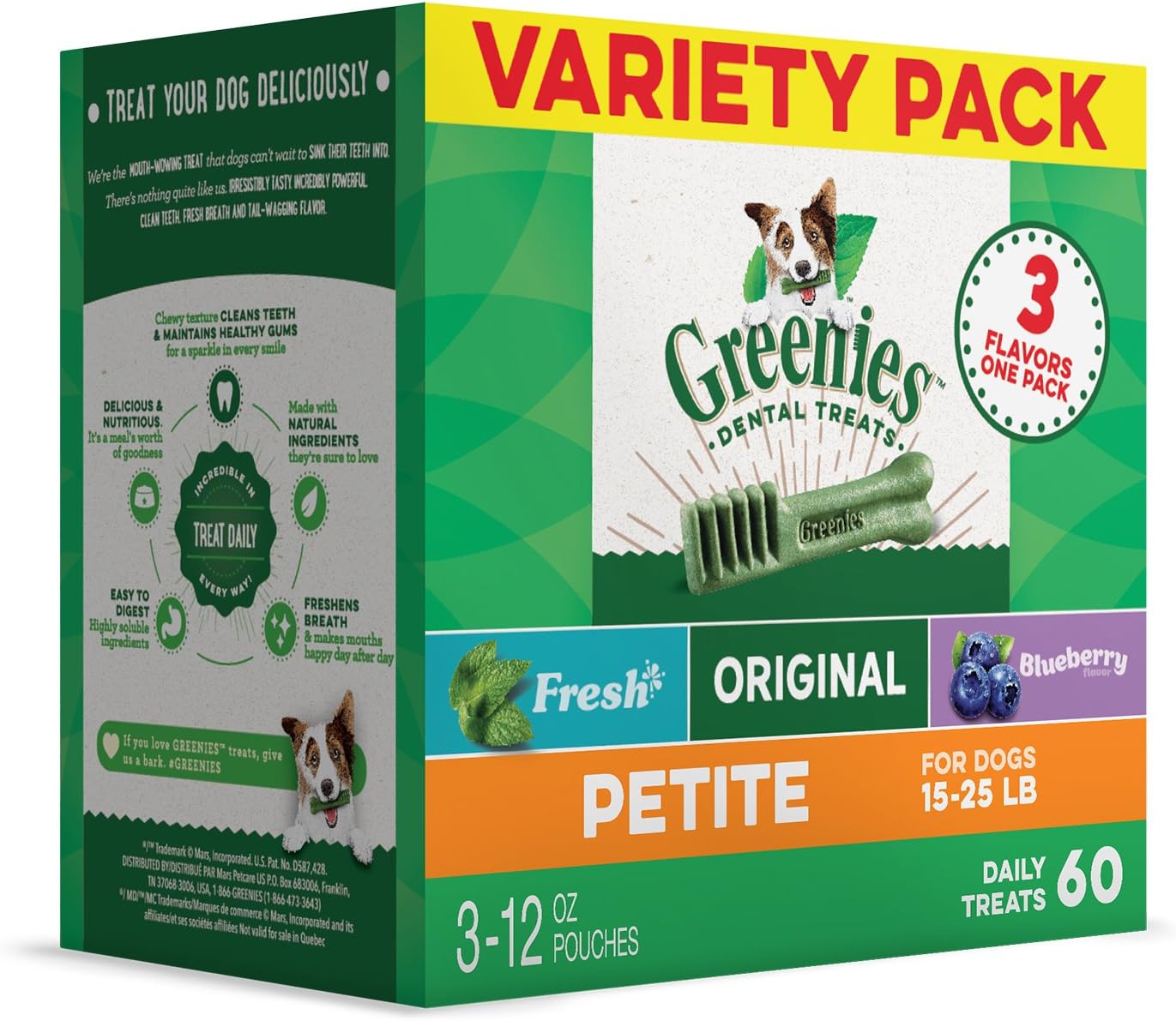 Greenies Petite Natural Dog Dental Care Chews Oral Health Dog Treats 3-Flavor Variety Pack, (3) 12 oz. Pouches Original 2.25 Pound (Pack of 1)