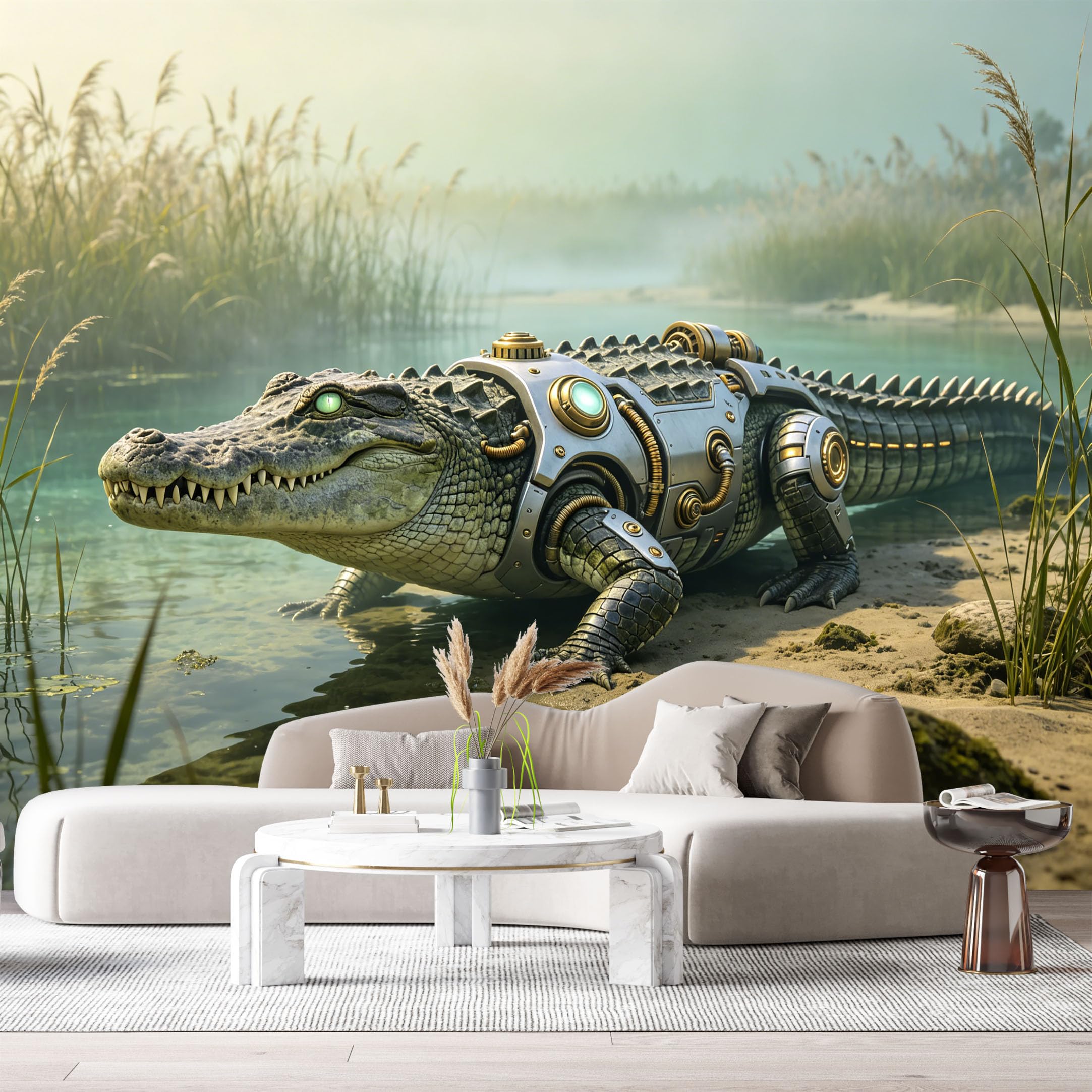 Custom Size Wall Mural Mechanical Crocodile Mech Science Fiction Robot Futuristic Metal Armor Swamp Scene SelfAdhesive Art Prints Removable Large Wallpaper Esports Room Game Room Studio