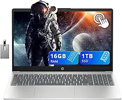 HP Laptop com tela sensível ao toque HD de 15,6 polegadas, Intel i3-1215U, 16 GB RAM, SSD PCIe de 1 TGB, teclado numérico, webcam HD, carregamento rápido, gráficos Intel UHD, Win 11, prata, cartão USB
