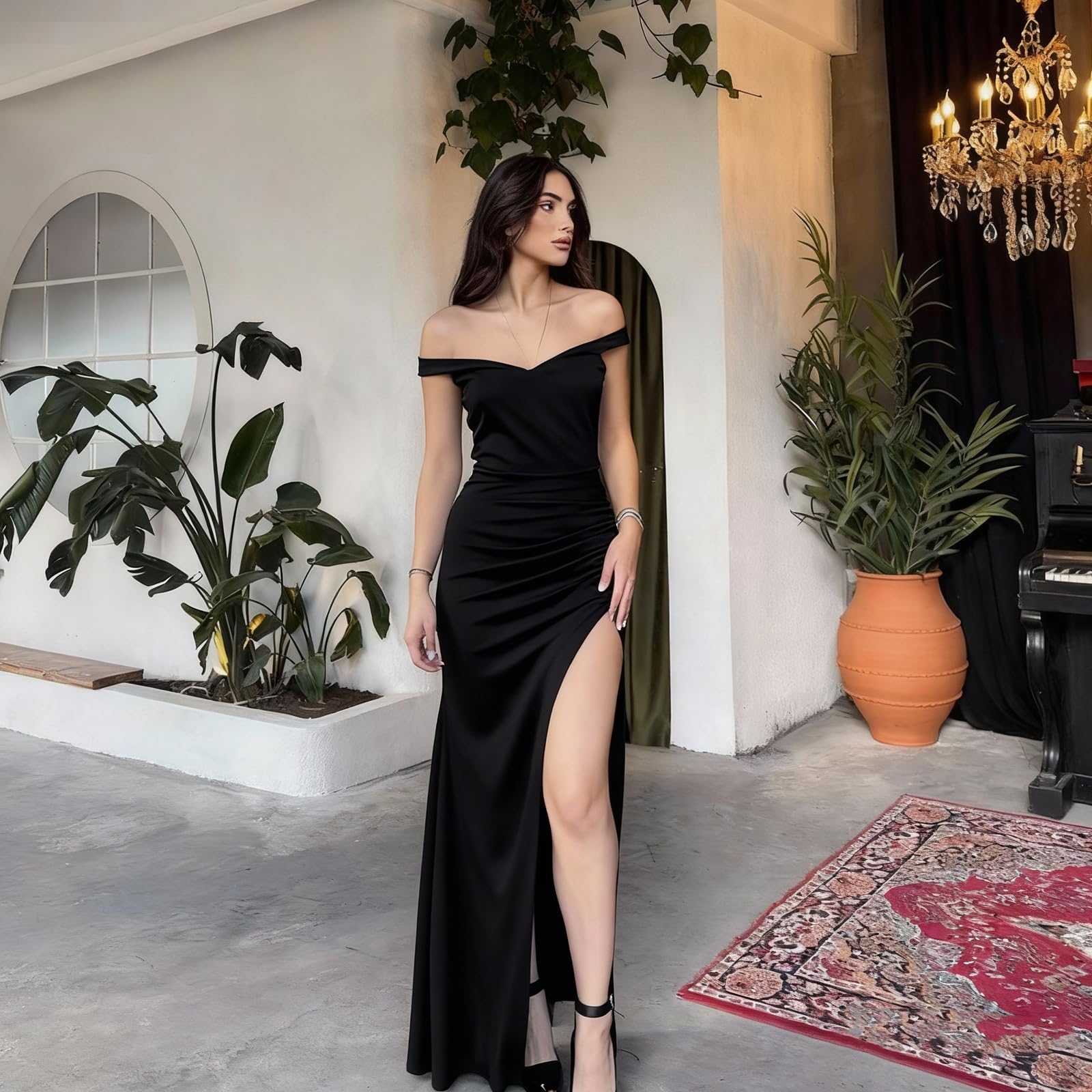 Vestido de Noche para Mujer Sexy Maxi Vestido con Hombros Descubiertos Elegante Vestidos Largo con Abertura Vestidos de Fiesta Ajustado Bodycon para Cóctel Club Invitada Boda Ceremonia