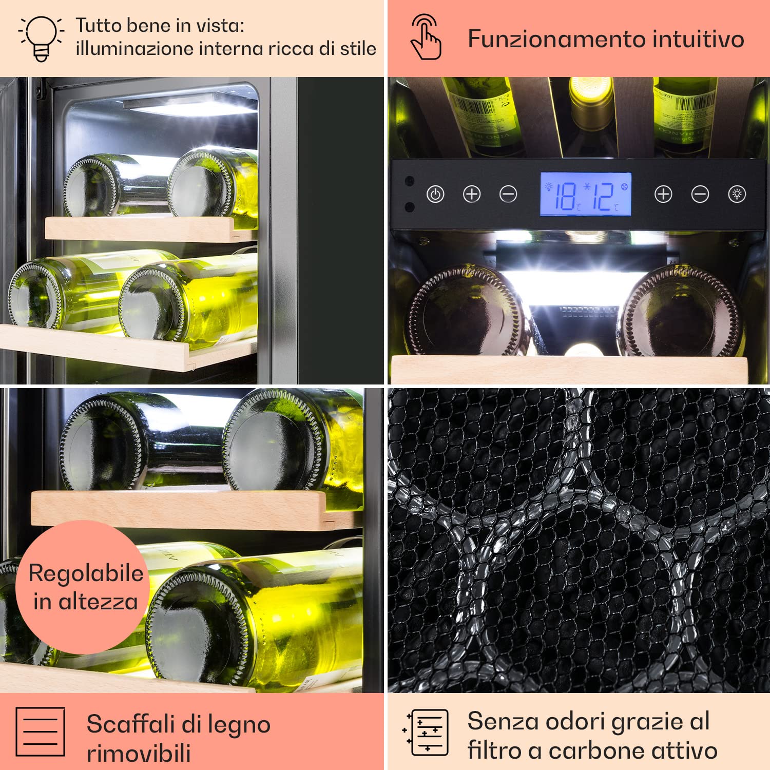 KLARSTEIN Cantinetta Vino Design da Incasso, Refrigerata a Zona Doppia per Vino Rosso, Bianco e Birra, Frigo per Esterno/Interno, 53L, 17 Bottiglie