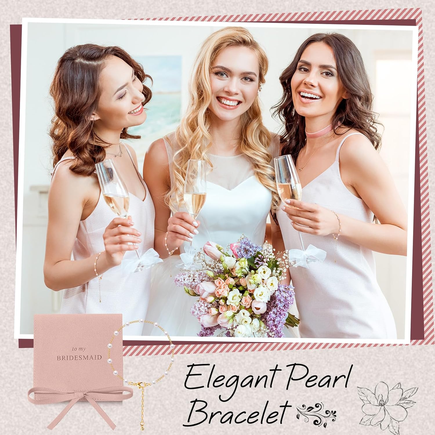 Quelay 16 Pcs Jewelry Bridesmaid Gift Pearl Bracelet Microfiber Jewelry Bag Pouch Set of 8 for Wedding Bridal Party Favor