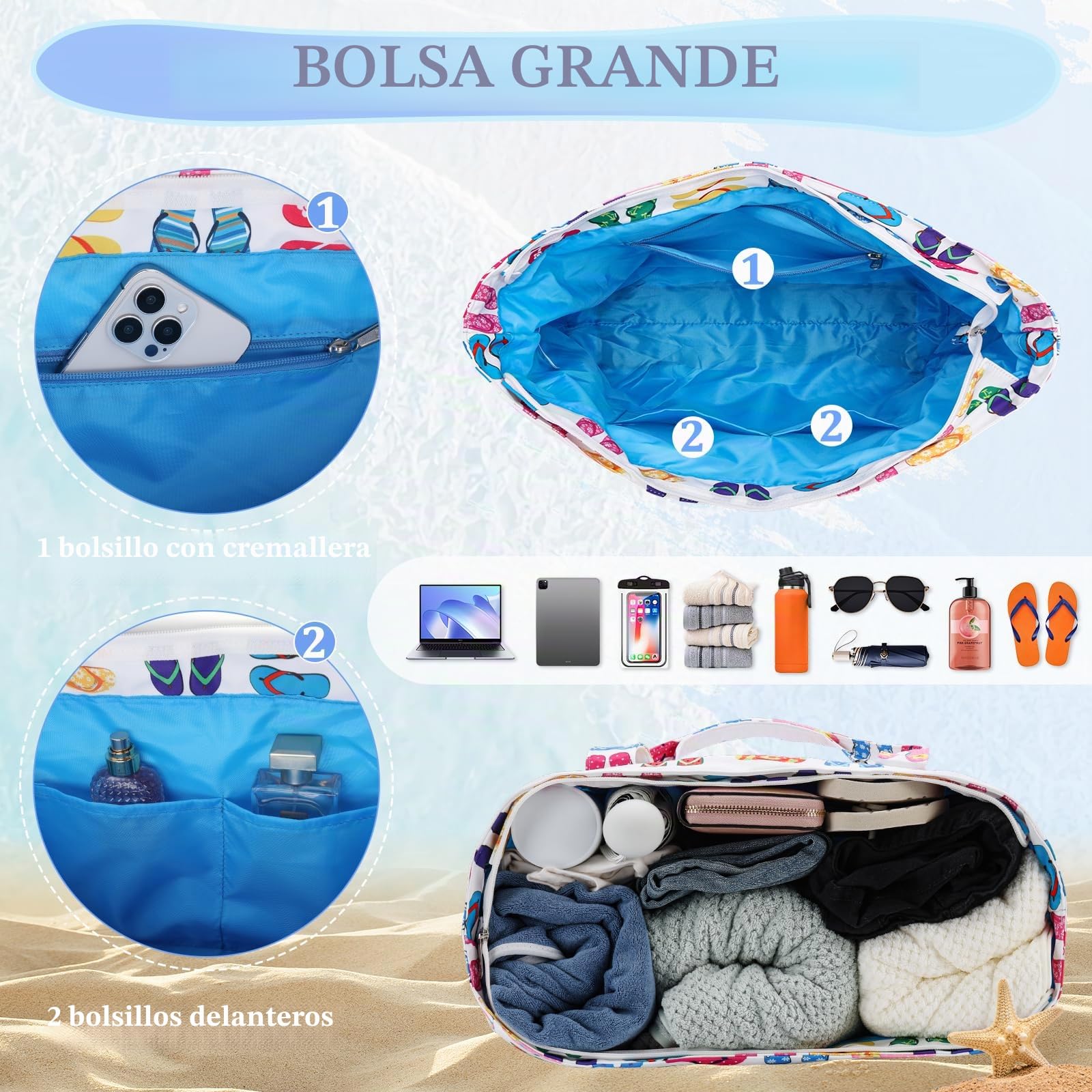RAVUO Bolso Playa Grande XXL Familiar, Impermeable Bolso Playa Mujer con Cremallera Ligero Bolso Shopper Bolso Tote Bag para Natación, Deporte y Viajes