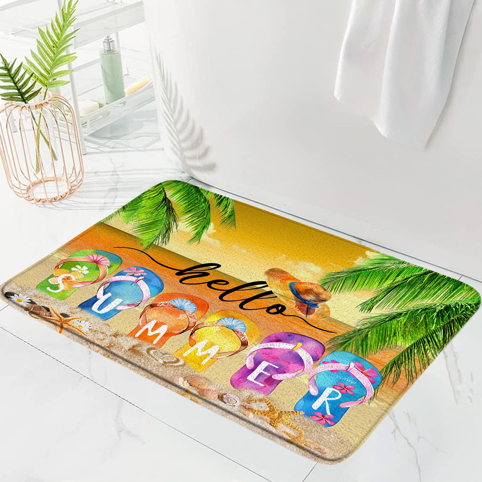 NYCCSM Summer Bath Mat Ocean Beach Colorful Flip Flops Starfish Palm Leaves Funny Hawaiian Meditation Soft Memory Foam Rug for Bathroom Kitchen,16W