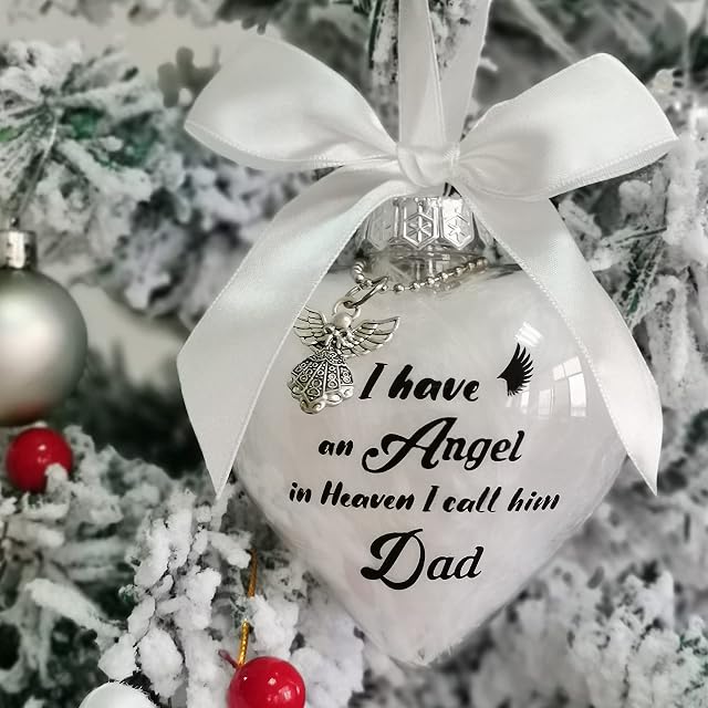 Christmas Memorial Baubles, Dad Christmas Memorial Ornaments Feather Ball With Angel, White Christmas Tree Remembrance Decorations Bereavement Gift To Remember Loved Ones Xmas (White - Dad)
