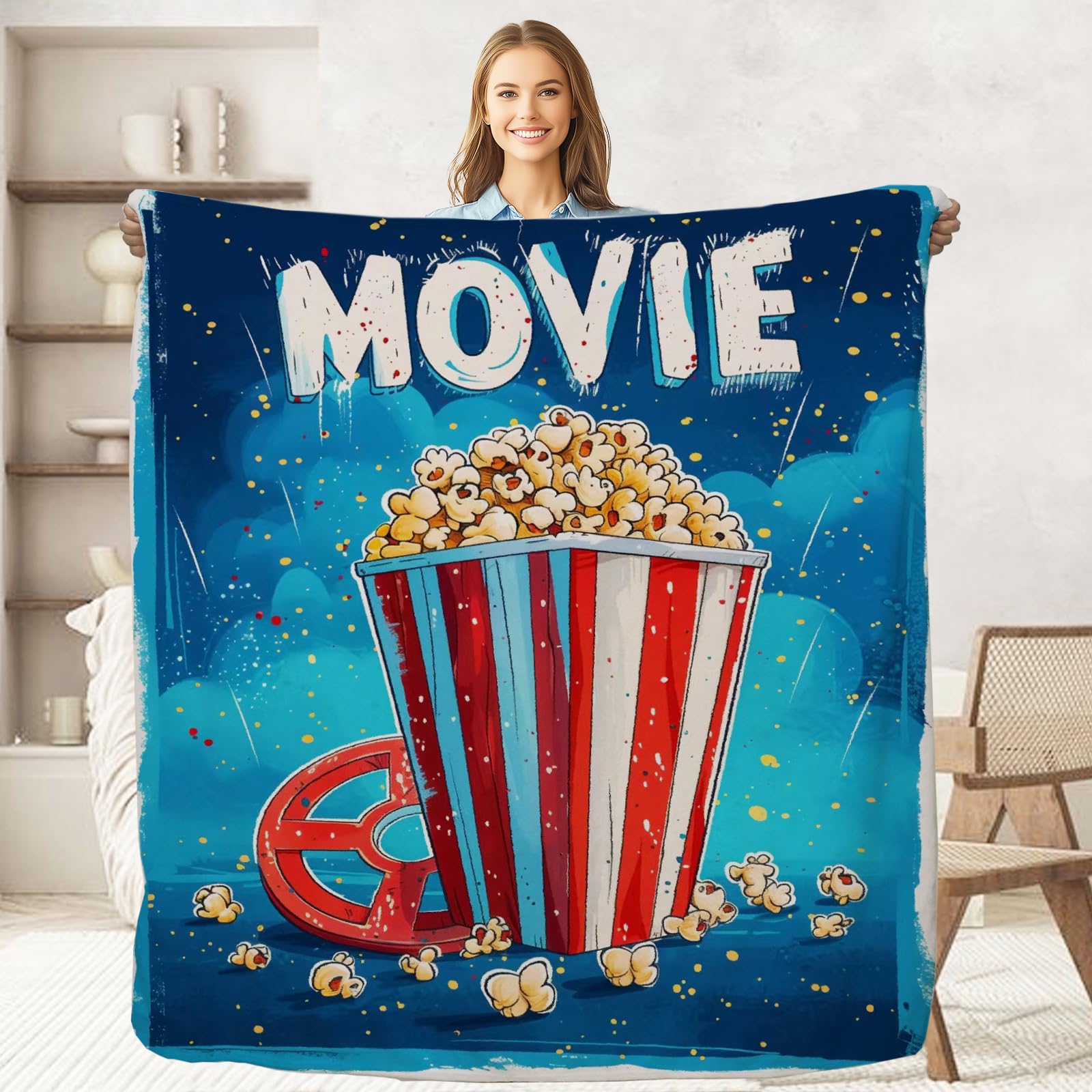 keepitcozi Movie Popcorn Gifts Throw Blanket for Adult Kids, Movie Theater Cinema Blanket Home Room Decor for Women Men, Flannel Soft Blanket for Bed
