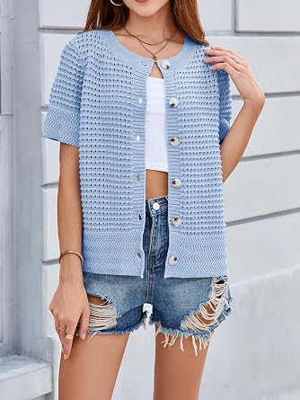 Saodimallsu Womens Crochet Short Sleeve Cardigans Summer Beach Sweater Top
