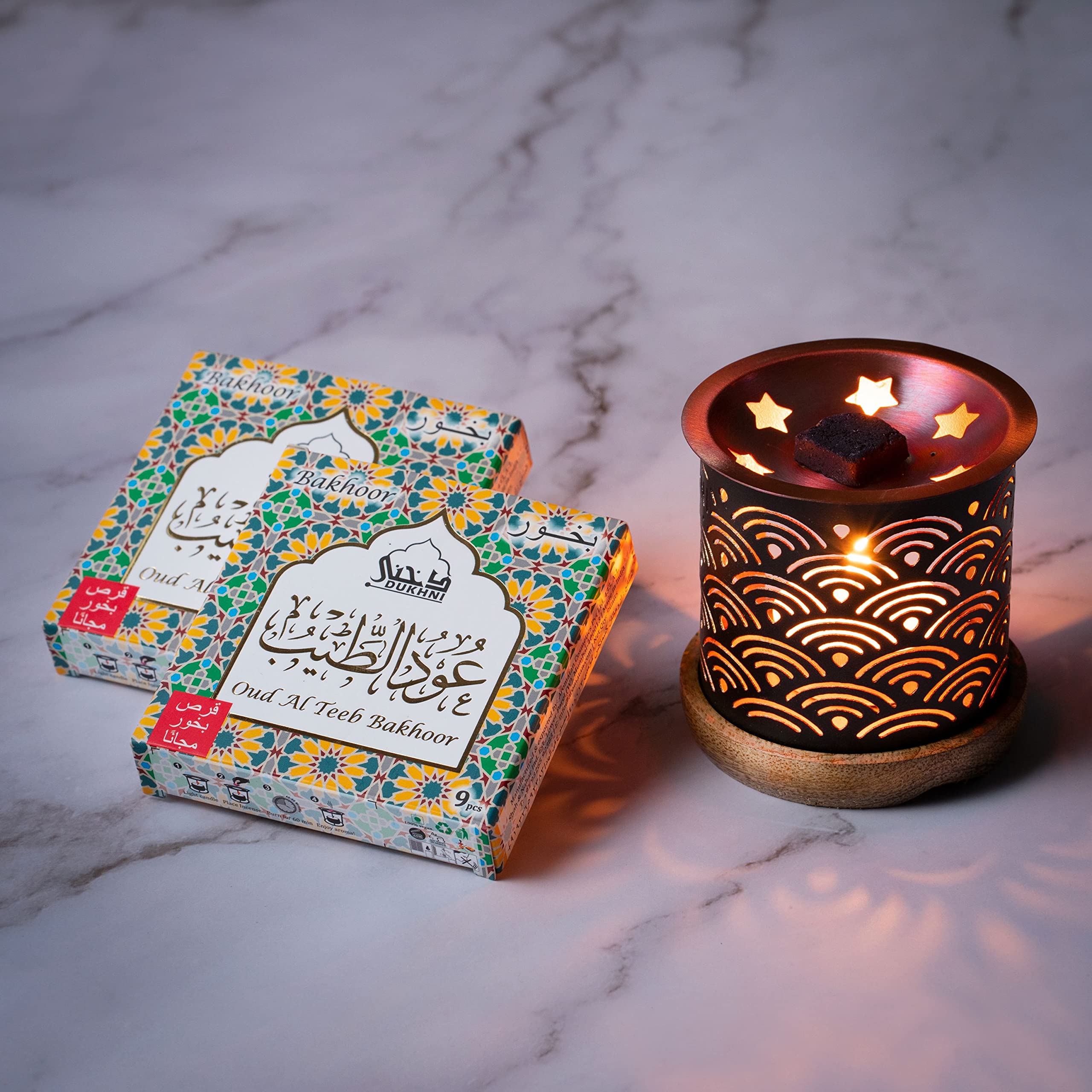 Oud Al Teeb Bakhoor Set عود بخور و مبخرشمعدان by Dukhni | 2 x 9 Piece Each & Rainbow Bakhoor Burner | Arabic Bakhoor Incense | Sweet Fruity Oud Blend | Perfect for Prayer Time | to Relax & Meditate