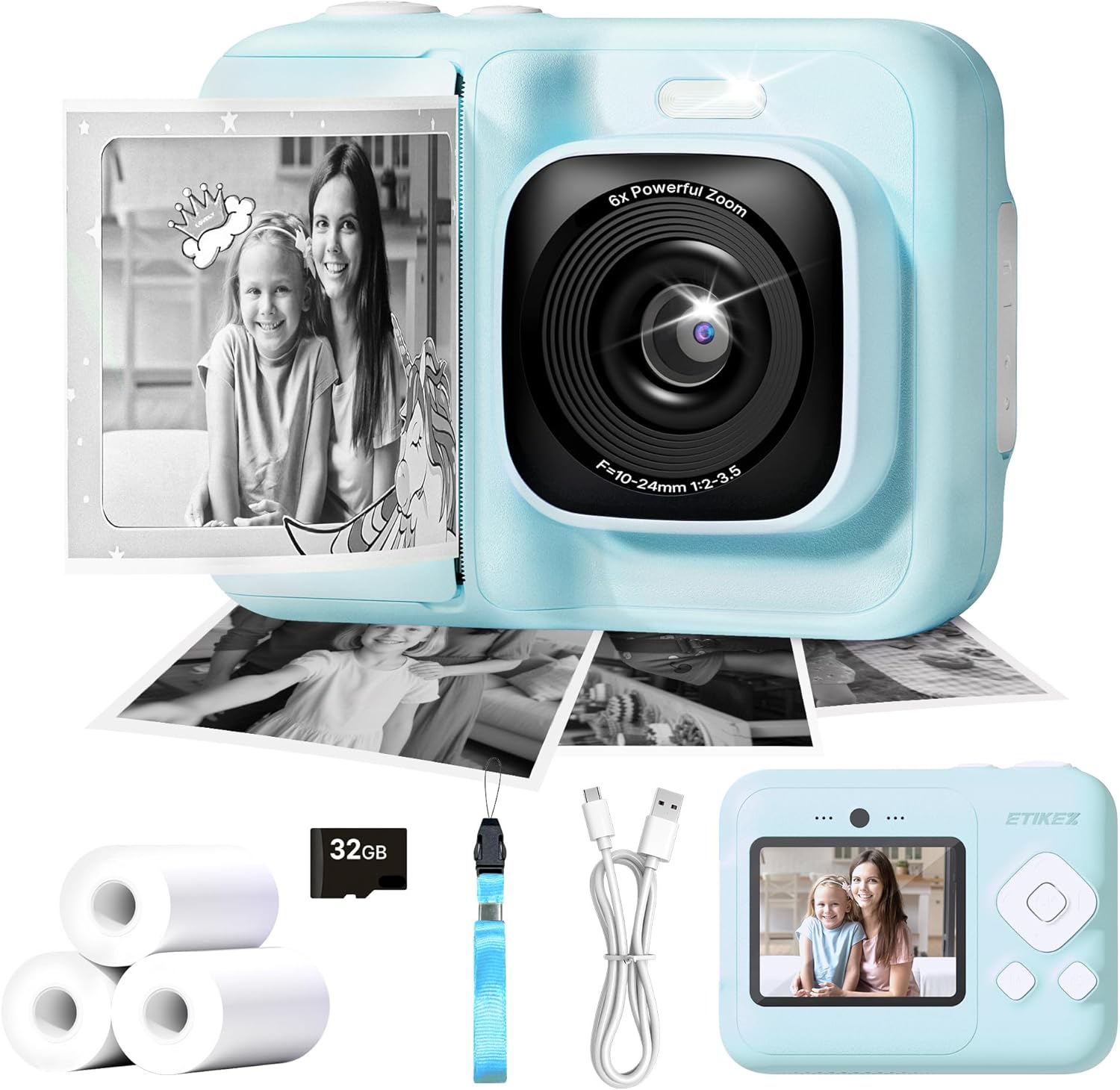 Kids Camera, 1080P Instant Digital Print Camera for Kids, Christmas Birthday Gifts for 4 5 6 7 8 9 10 Year Old Girls Boys, Portable Toy with 32GB SD C
