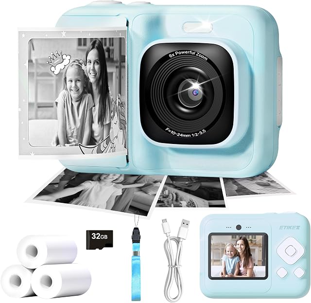 Caméra pour enfants, 1080P Imprimeur numérique instantané pour enfants, Cadeaux d'anniversaire de Noël pour 4 5 6 7 8 9 10 Année Vieux Garçons, Portable Jouet avec 32GB SD Carte & 3 Papier d'impression en rouleaux bleu
