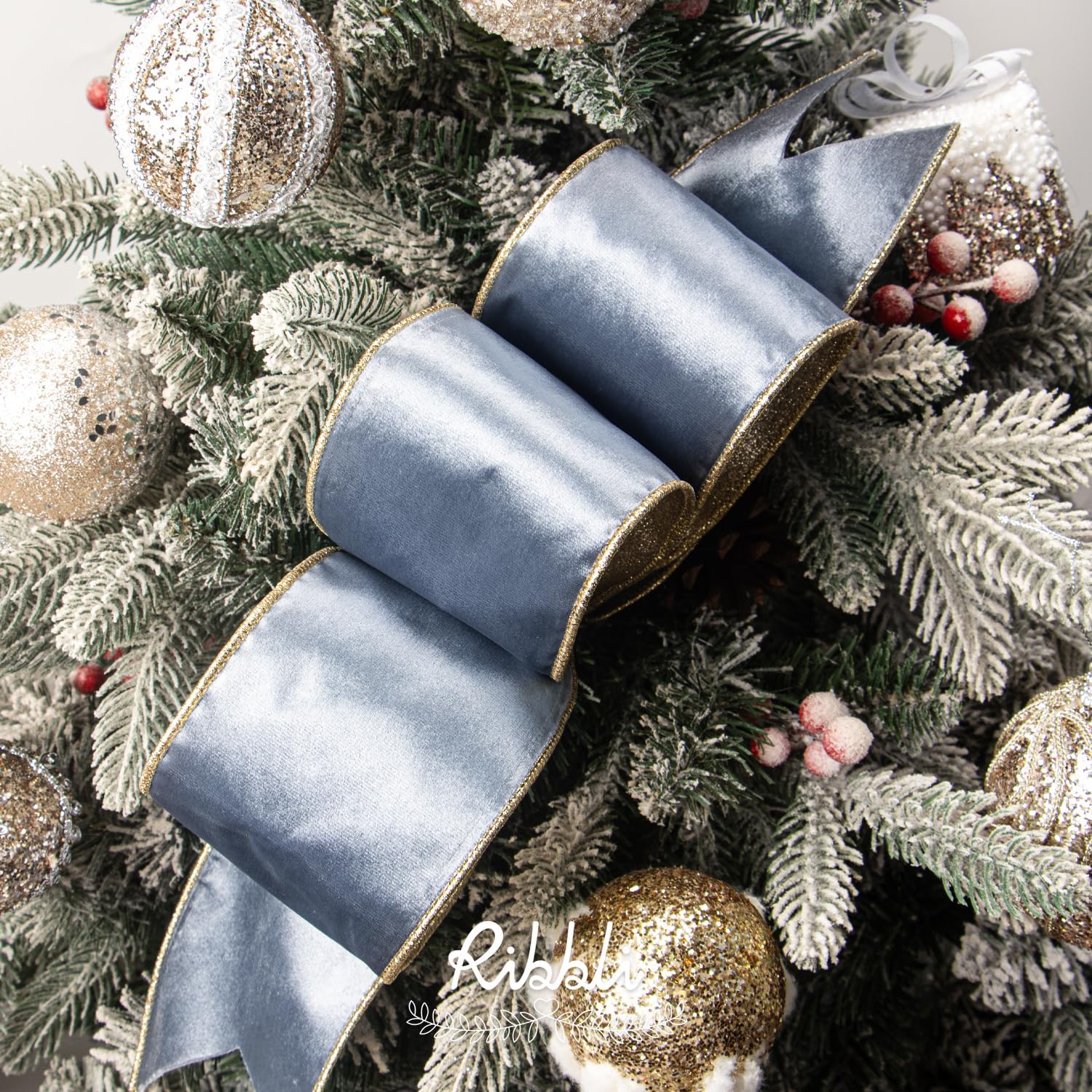 Ribbli Dusty Blue Velvet Ribbon Wired 4 Inch Glossy Velvet with Champagne Glitter Christmas Ribbon for Tree Decoration Big Bow Gift Wrapping Crafts Wreaths Supplies - Continuous 10 Yards