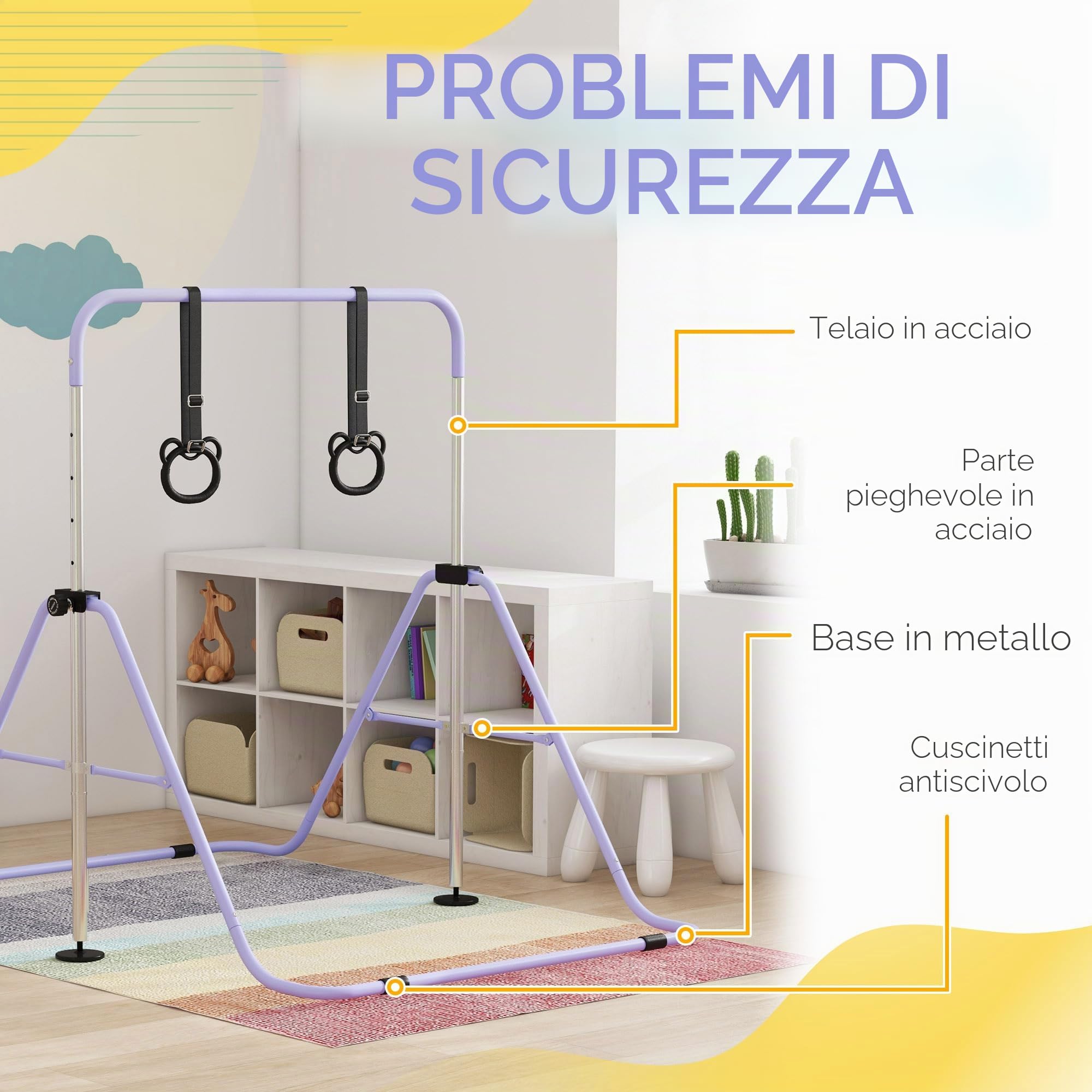 HOMCOM Barra da ginnastica per bambini, barra orizzontale, attrezzatura da ginnastica pieghevole, altezza regolabile, 88-128 cm, con anelli da ginnastica