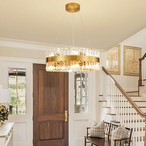 Miniatura 6 de MADEM Modernas lámparas LED circulares de cristal, lámpara de araña dorada, lámpara de techo colgante contemporánea para comedor, sala de estar,