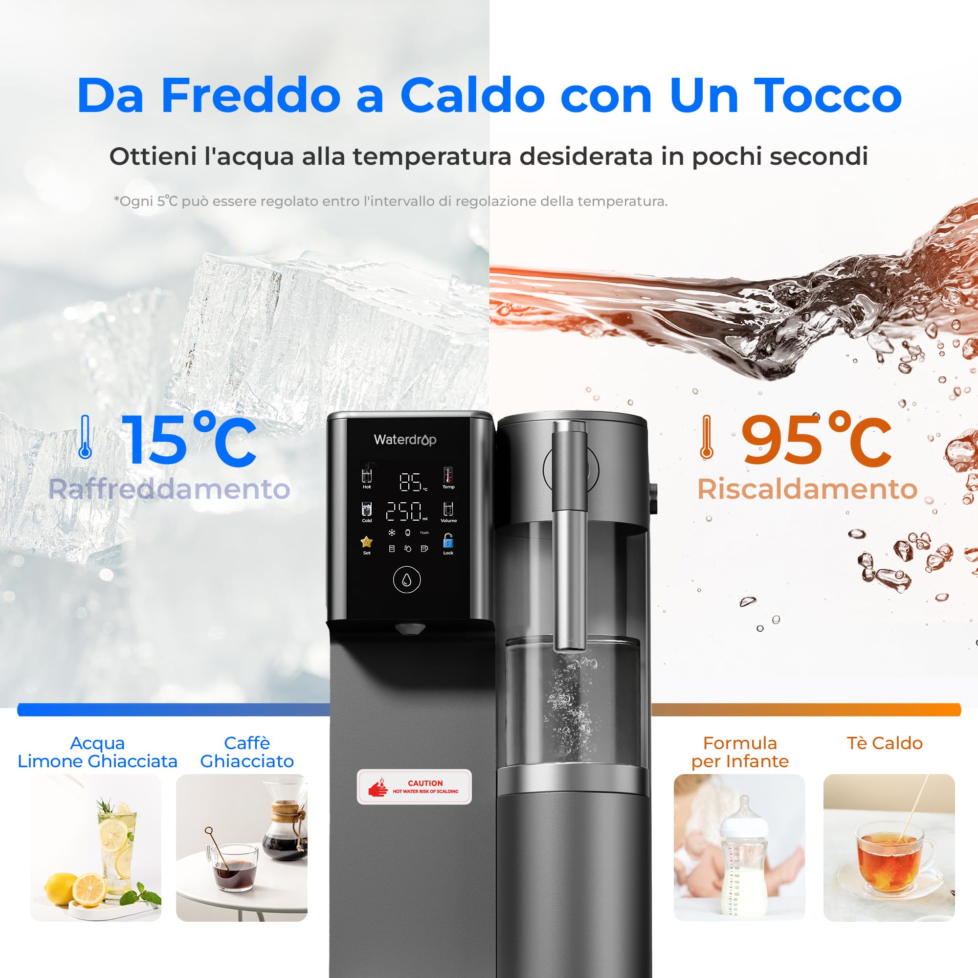 Waterdrop WD-A2 Sistema a Osmosi Inversa, Sistema di Acqua Calda e Fredda, Serbatoio d'Acqua Pura Portatile, Raffreddatore d'Acqua Senza Bottiglia, 6 Impostazioni di Temperatura, 3:1 Puro a Scarico