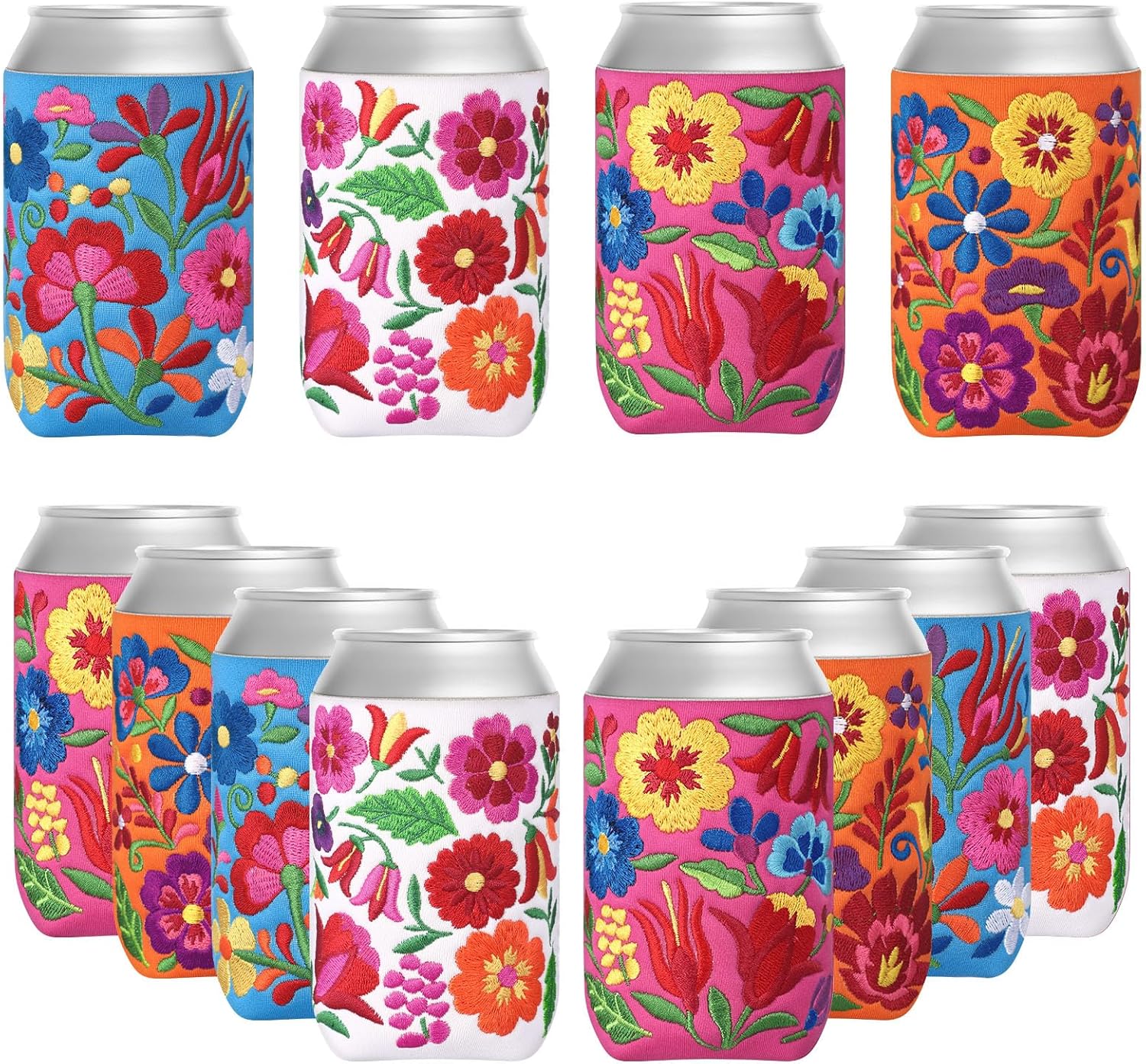 LemonRoad 8 Pcs Mexican Embroidery Cooler Sleeve 12 oz Fiesta Mexican Can Cooler Sleeve Beer Bottle Drink Holder Fiesta Cinco De Mayo Party Supplies