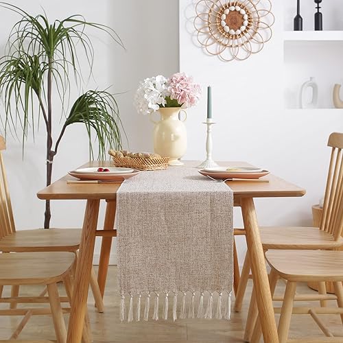 Camino de mesa de otoño, camino de mesa rústico de granja con borlas de 108 pulgadas de largo, camino de mesa de lino y algodón bohemio para