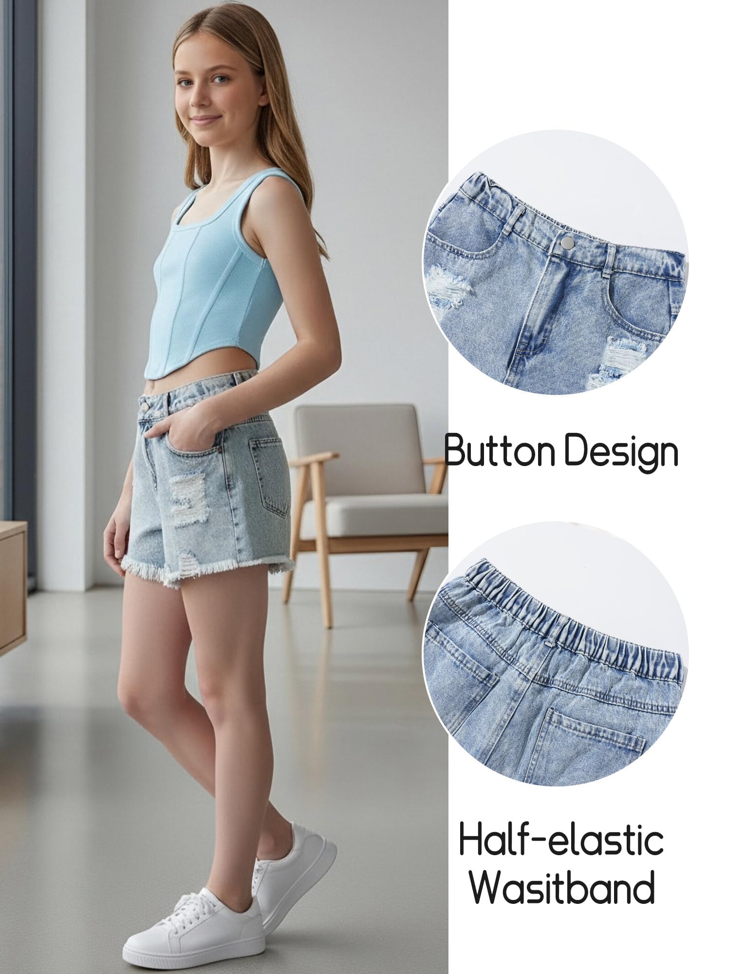 SEAUR Shorts en Jean Fille 1/2 Taille Élastique Décontracté Denim Short D'été pour Enfant 8 à 12 Ans