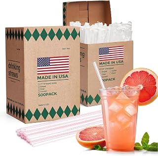Glotoch Express 1000 PCS Individually Wrapped Plastic Straws, 10.25'' Long, 0.24'' Diameter Disposable Drinking Straws for Every Occasion, Party, Made in USA (White & Red Stripes)