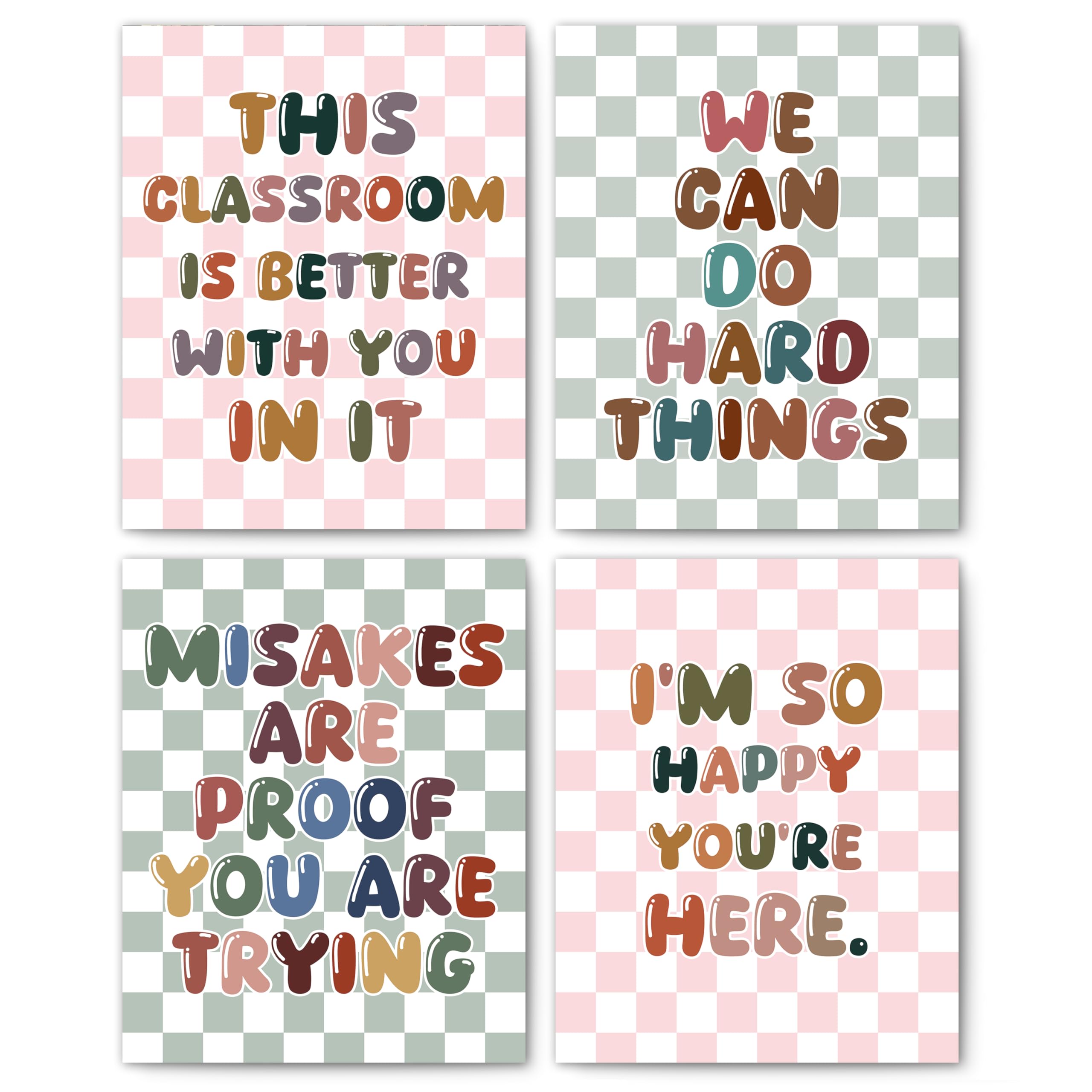 FITIE Pink and Green Checkered Kids Affirmations Wall Art Posters Set of 4, Boho Classroom Decor, Colorful Inspirational Canvas Prints Artwork Wall
