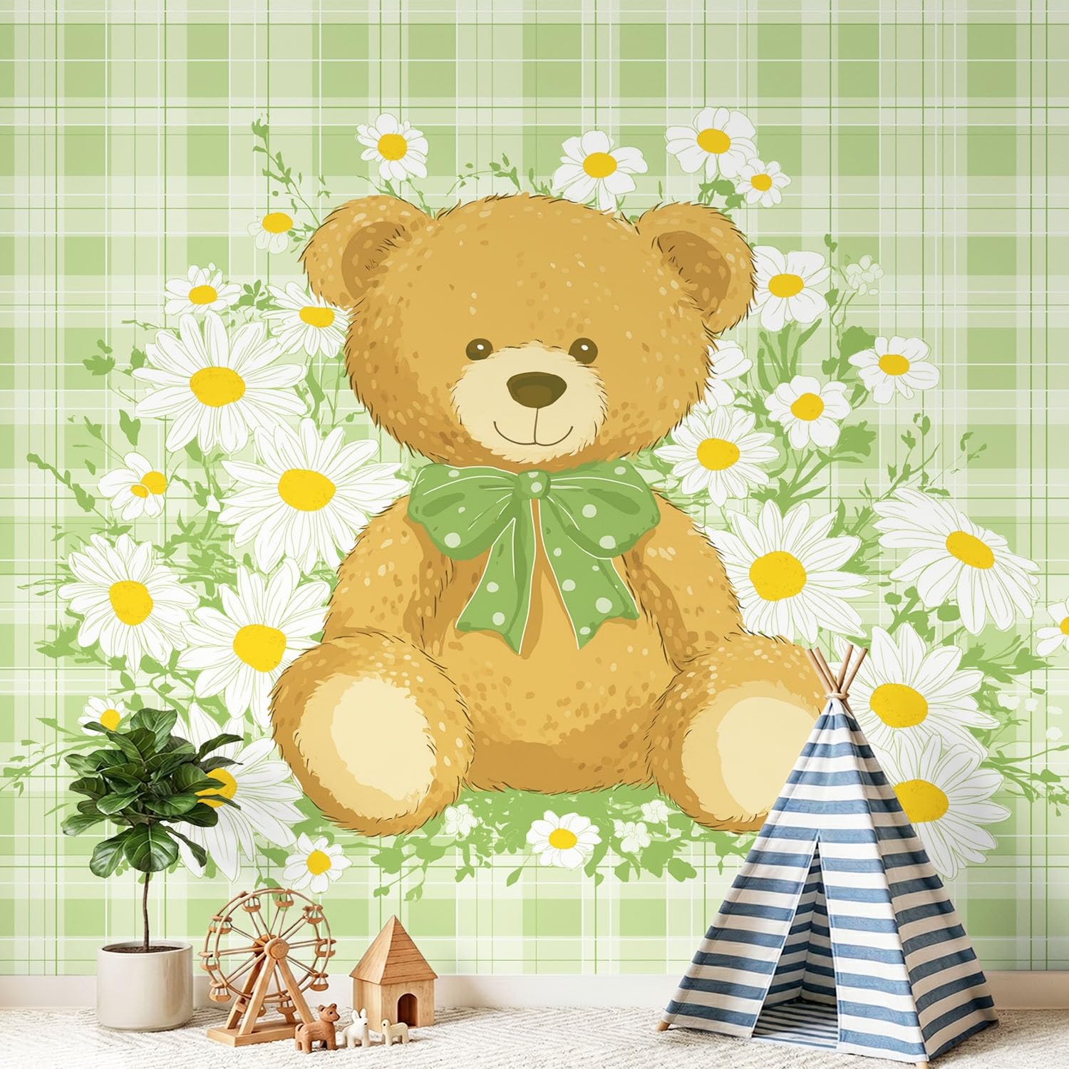 Papier peint panoramique ours bleu clair pour moderniser un mur blanc de chambre enfant