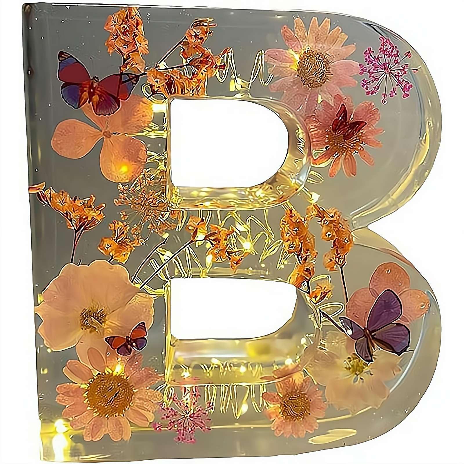 Handmade Floral Night Light, 2026 Floral Resin Night Light Letter, Flower Resin Letter Lamp with LED Lights, DIY Handmade Creative Letters Flower Lamp, For Various (B)
