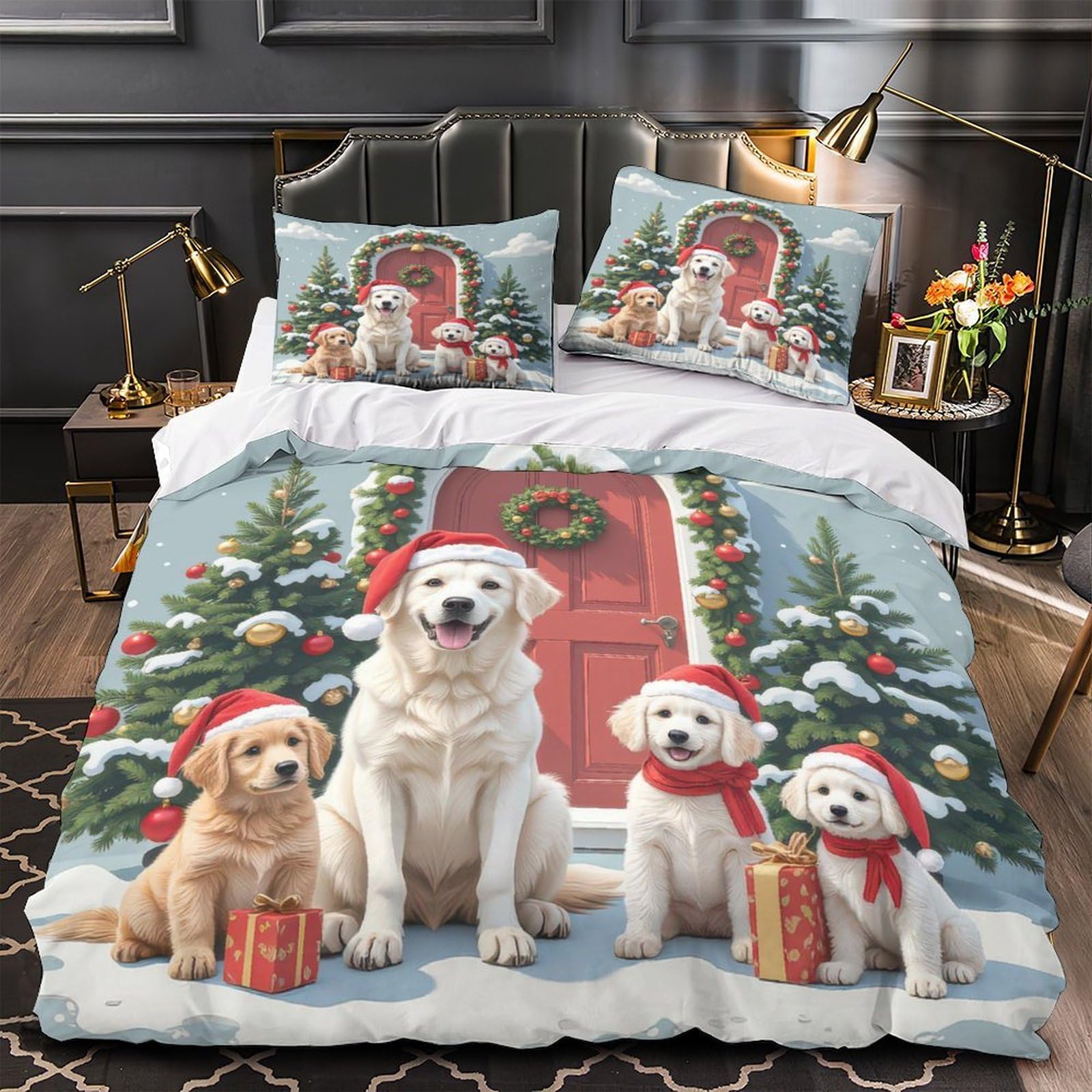 Chiens de Noël housse de couette fermeture éclair finis les draps qui glissent lit ado