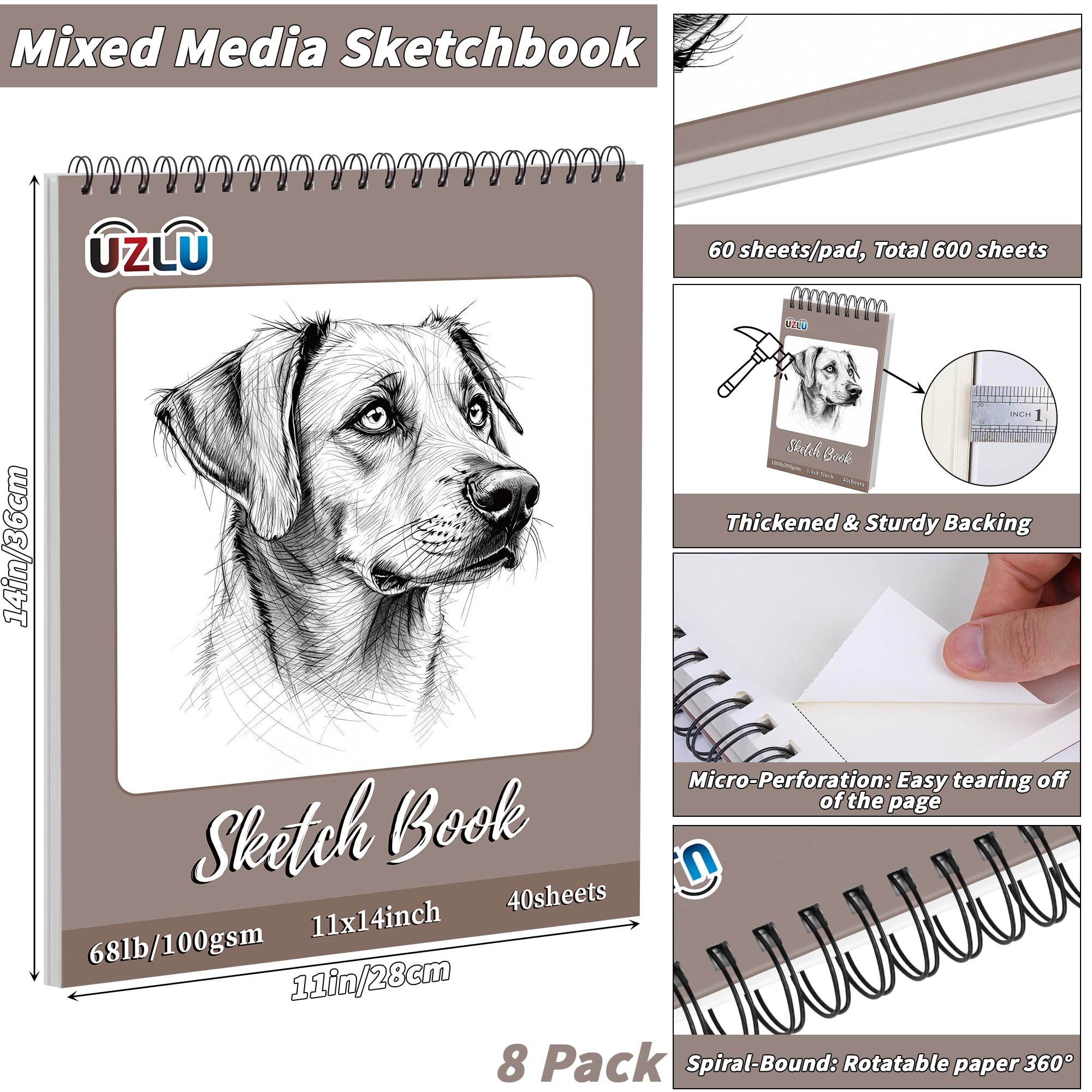8 Pcs Sketch Books Bulk 11 x 14 In 320 Sheets Top Spiral Bound Sketch Pad Drawing Paper 40 Sheets Each Acid Free Mixed Media Sketchbook 68lb/100gsm Art Supplies for Beginner Artist