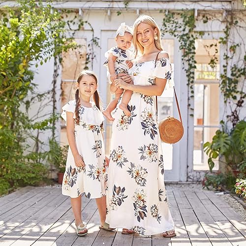 Miniatura 2 de PopReal - Vestidos con estampado floral a juego para madre e hija, de gasa, con volantes, manga corta, para la playa, con diadema, con tira de tela