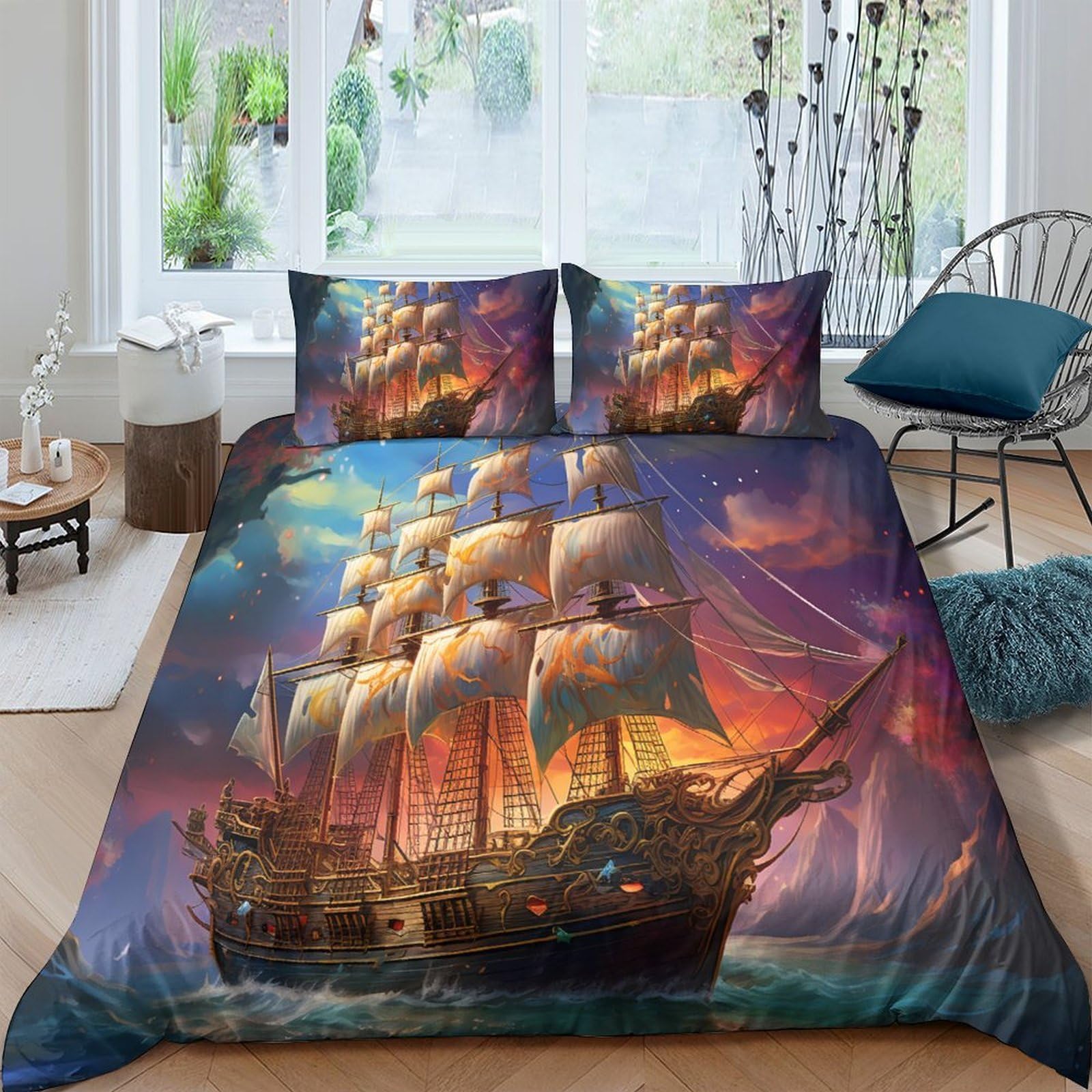 Ctjqhvkz Style-1 3D Printed Sailing Ship Fitted Sheet Microfiber Soft Breathable Sunset Ocean Mattress Cover For Bedroom Decor Single（135X200cm）