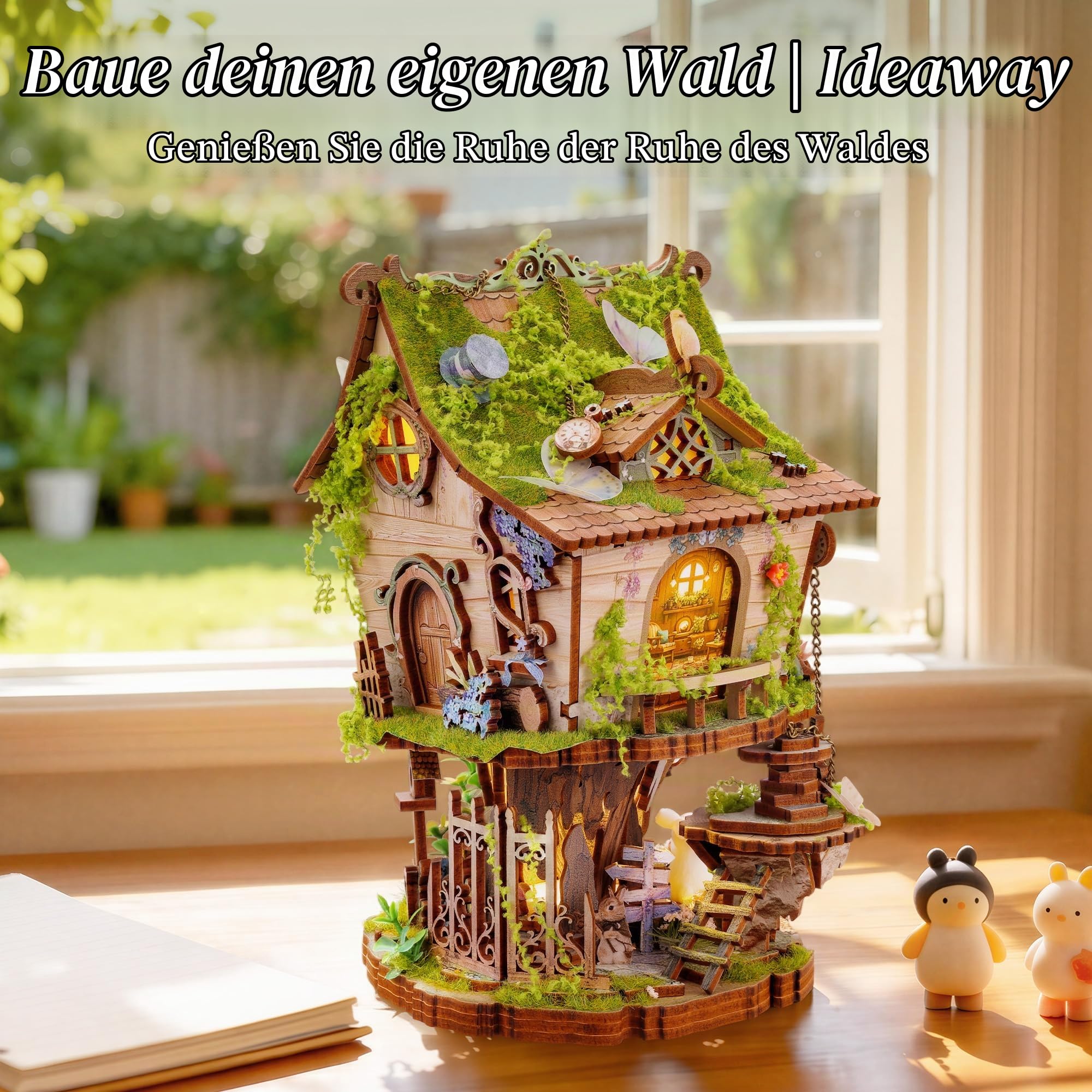 FUNPOLA 3D Holzpuzzle Rowan’s Treehouse mit LED-Licht – DIY Miniatur Baumhaus im Märchenstil, kreatives Holzmodell als Deko Geschenk für Erwachsene und Jugendliche (14+)