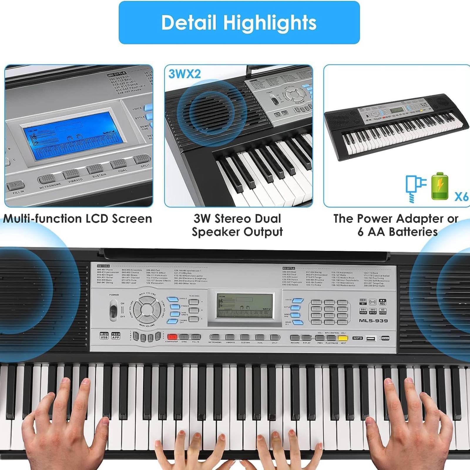 MAMIZO 61 Tasten Keyboard Piano Kit mit Ständer & Hocker,Digital Keyboard für Anfänger, Keyboard Kinder, E Piano mit 300 Klänge, 3-Stufen-Lehrmodus, LCD-Display, Notenständer